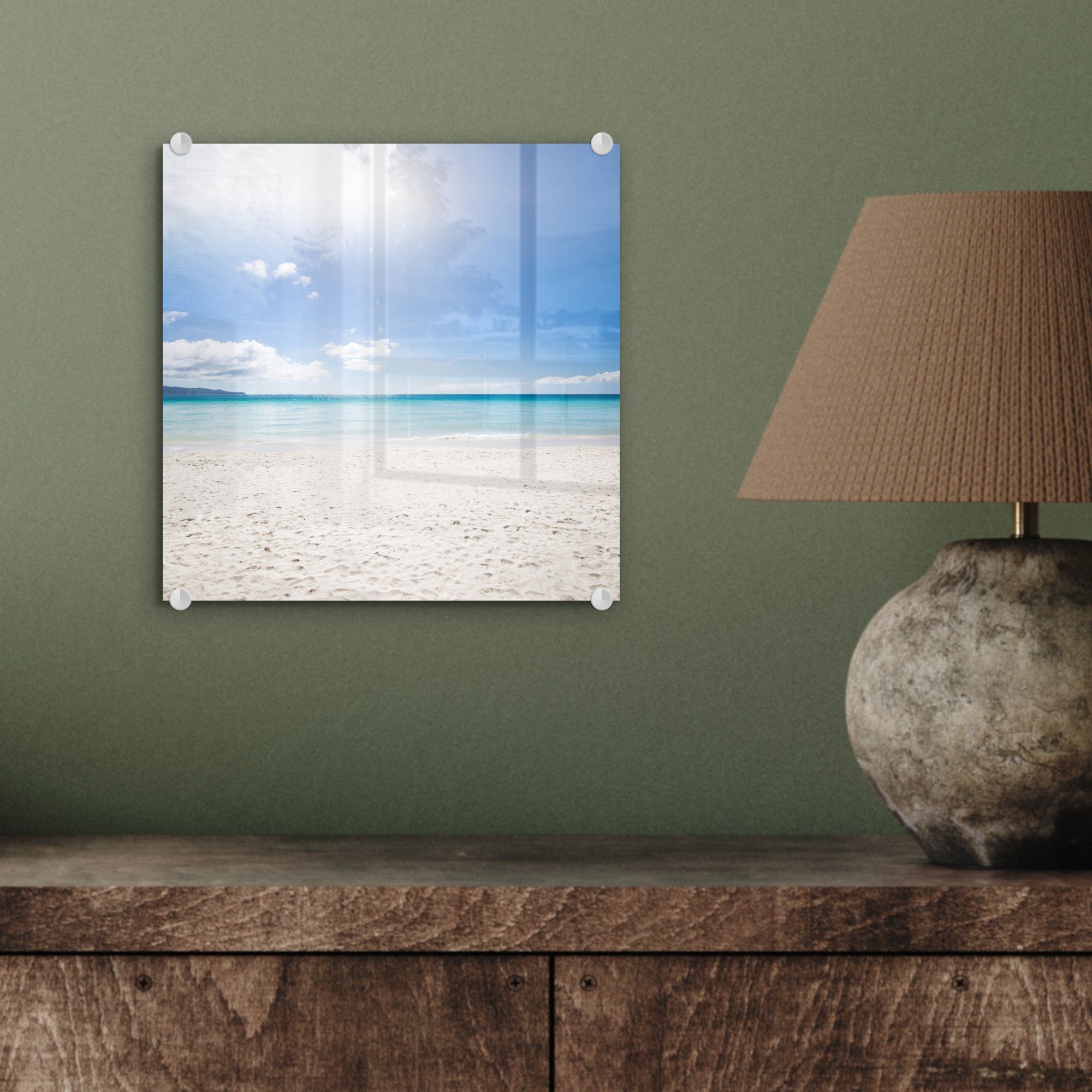 Insel Wanddekoration Glas Bilder Glas auf - (1 - St), Acrylglasbild Glasbilder Foto - auf Strand - Sonne, MuchoWow Wandbild -