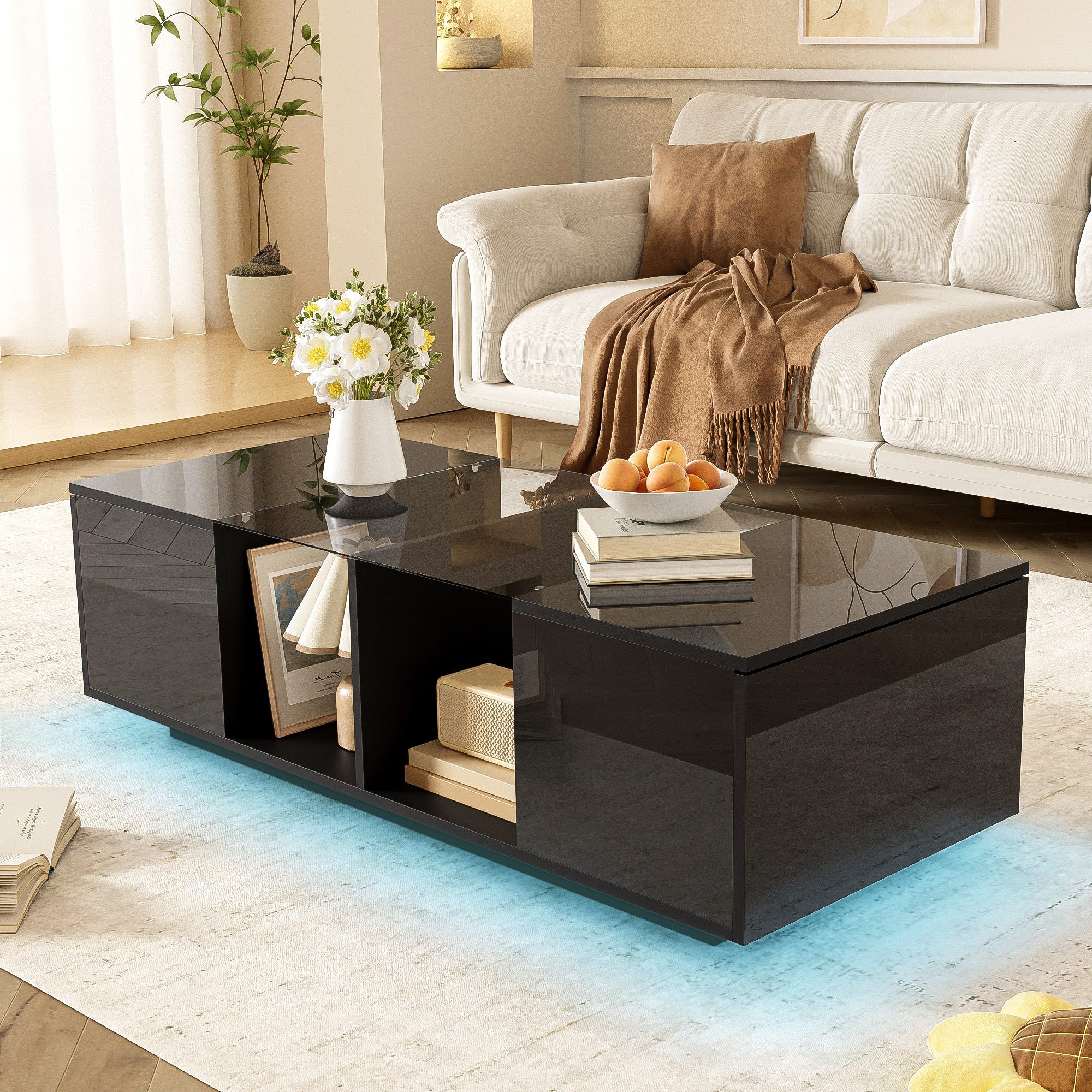 Furnishings Home Couchtisch Wohnzimmertisch Ablagetisch LED Beistelltisch (Hochglänzender quadratischer, mit LED Beleuchtung & Fernsteuerung), Mit Glasplatte und 16-farbigen variablen LED-Leuchten