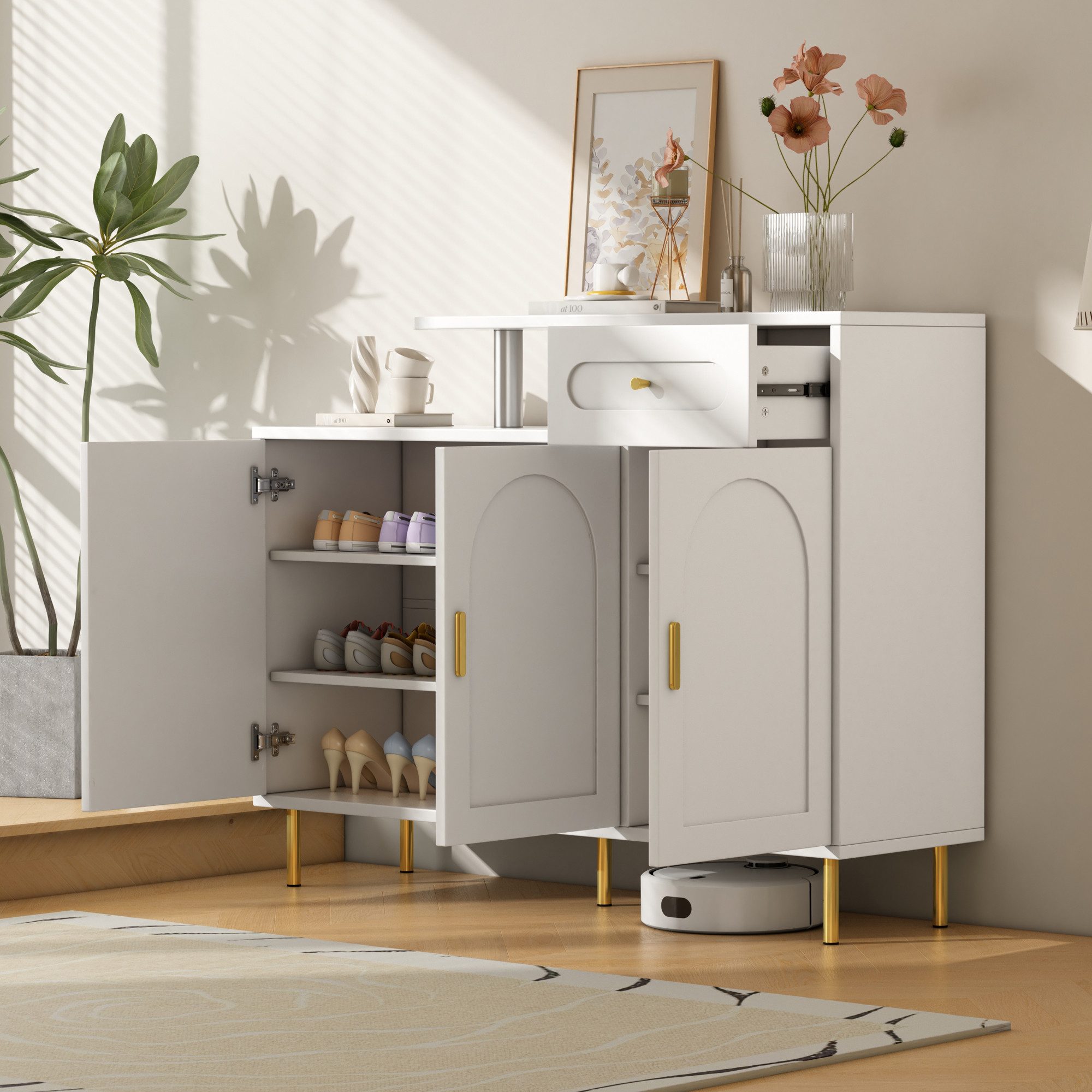 Flieks Kommode mit 1 Schublade und 3 Türen (B120/T35/H92 cm, 1 St., für Flur, Wohnzimmer, Schlafzimmer), Sideboard Schuhschrank Mehrzweckschrank mit verstellbare Einlegeböden