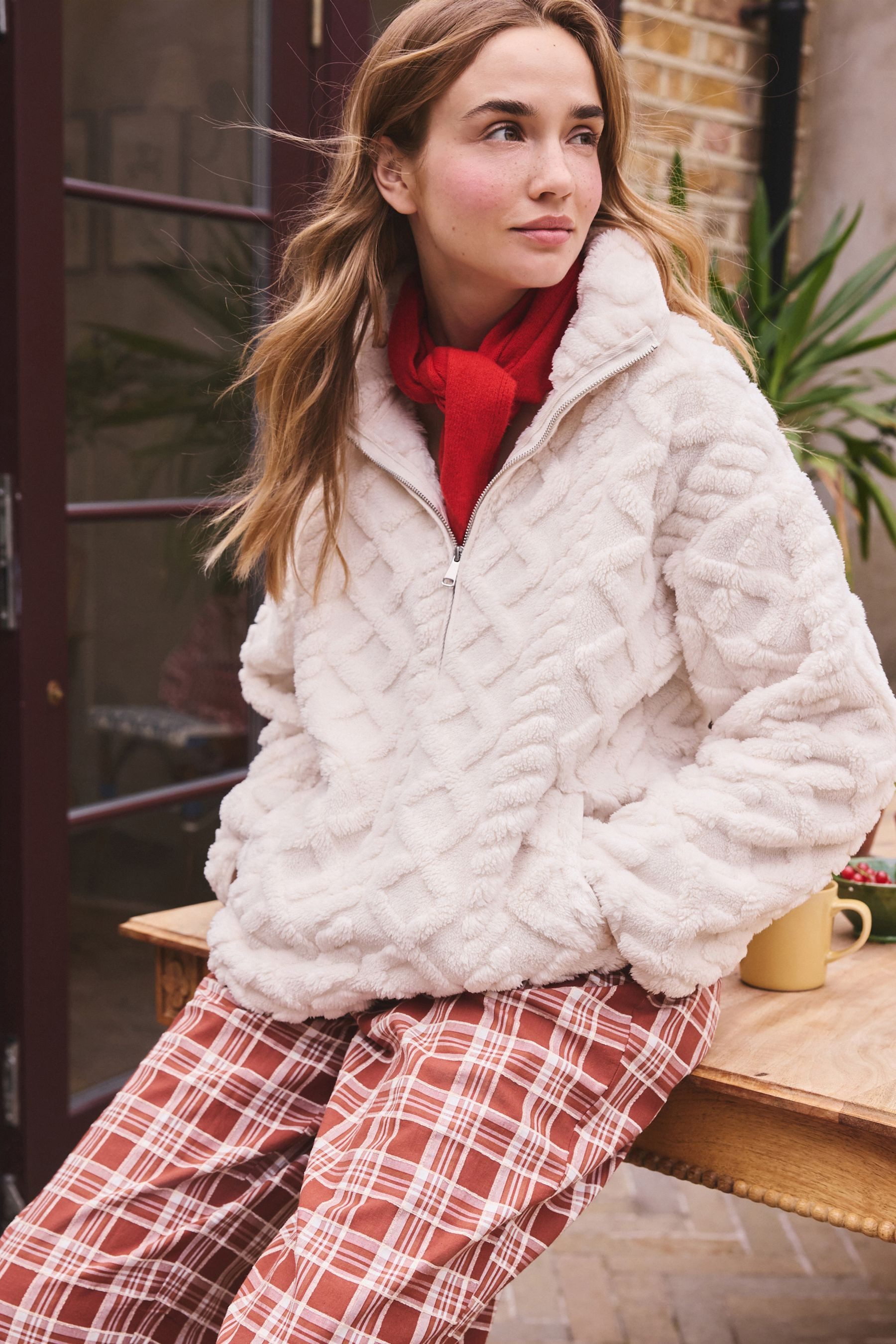Next Fleecejacke Borg-Fleece mit halben Reißverschluss + Zopfmuster (1-St) – Bild 3 von 5