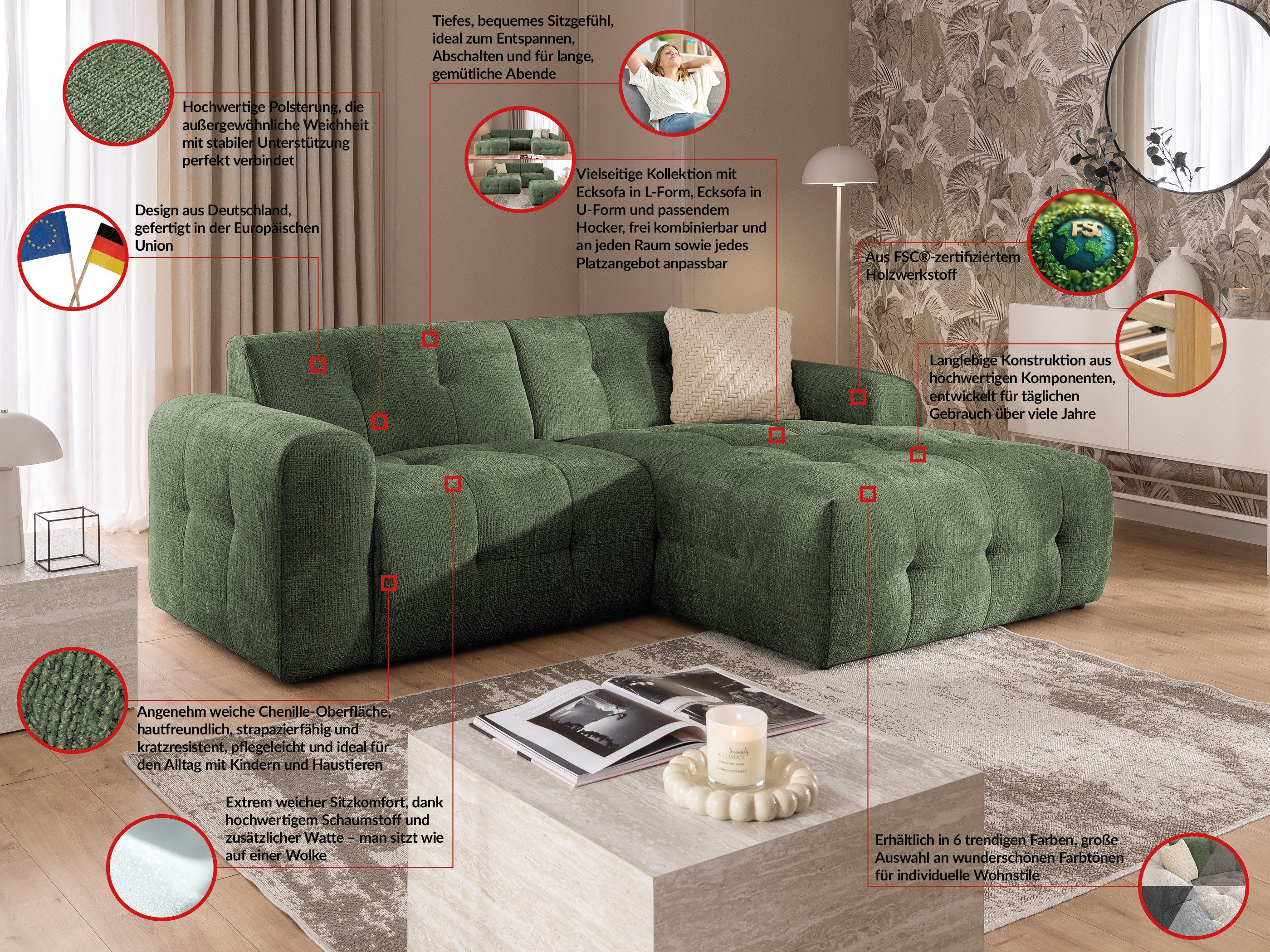 S-Style Möbel Ecksofa Kozy im Bumpy-Design mit fester Rückenlehne aus weichem Chenille-Stoff, mit Wellenfederung