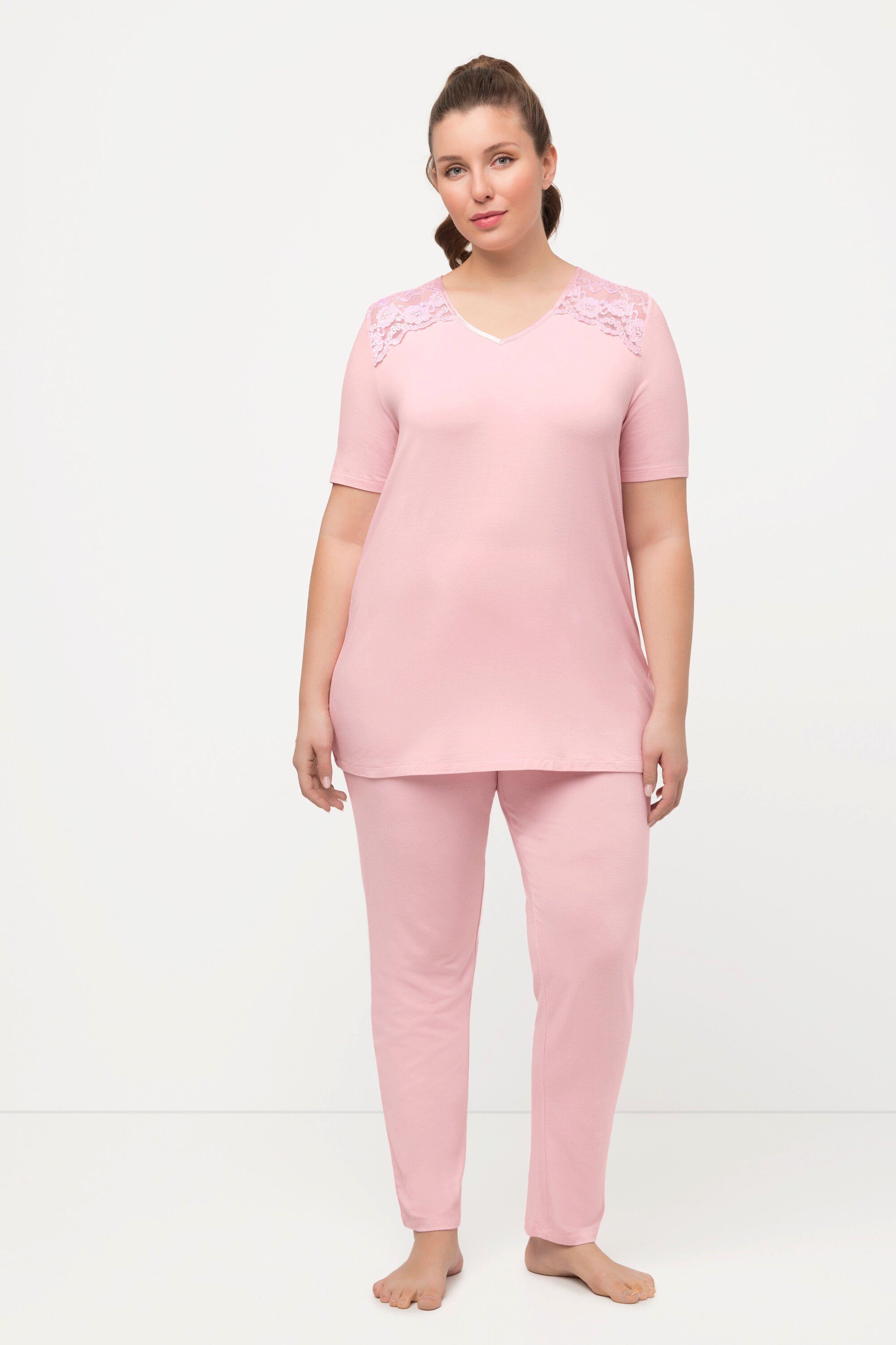 Ulla Popken Pyjama Pyjama Spitze V-Ausschnitt Halbarm rosa