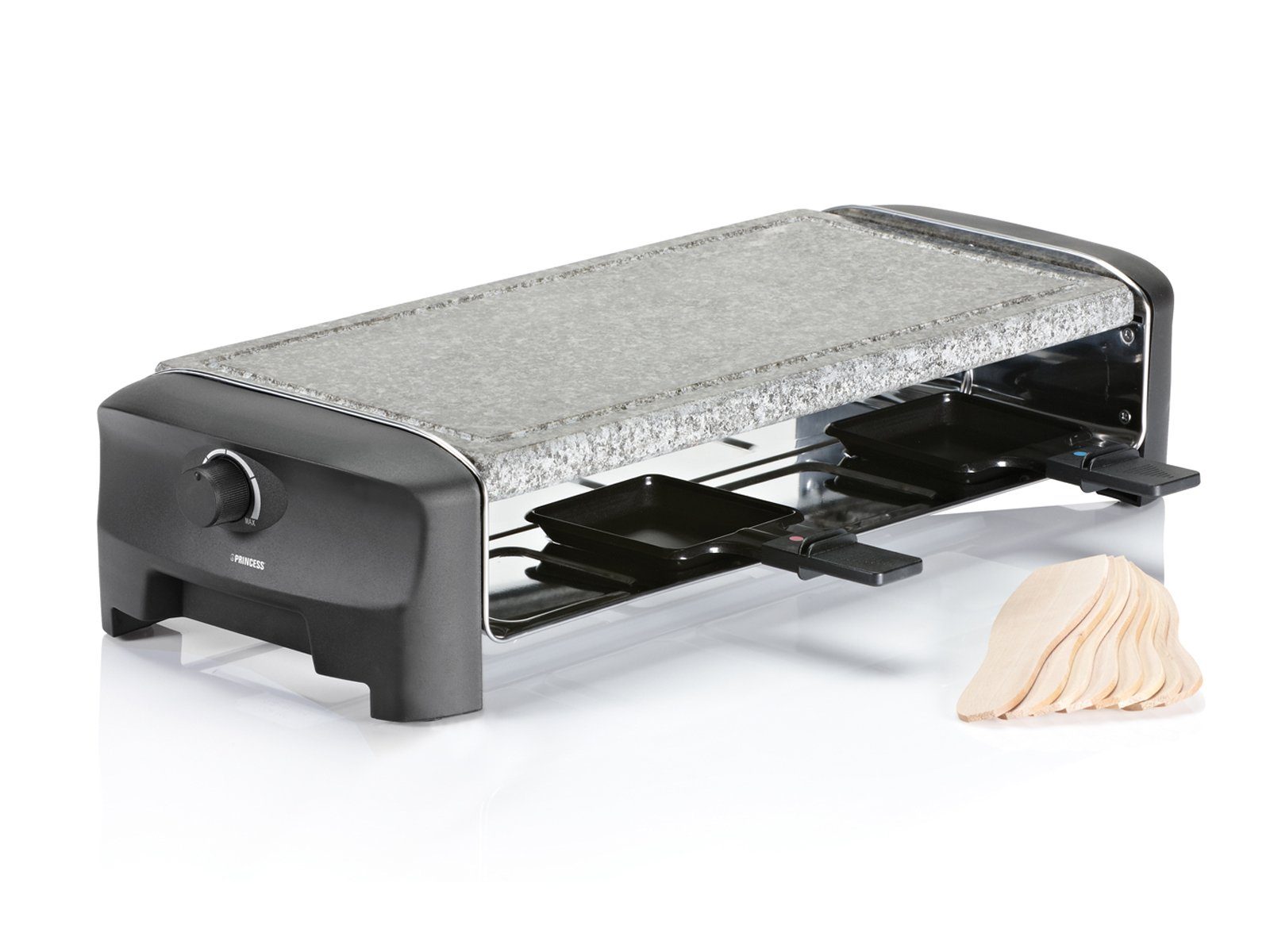 PRINCESS Raclette, 8 Raclettepfännchen, 1300 W, Stonegrillparty großer Tischgrill 8 Personen Gerät heißer Stein-Platte