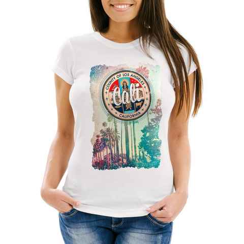 Neverless Print-Shirt Damen T-Shirt California Beach Sunset Palmen Retro Slim Fit Neverless® mit Print