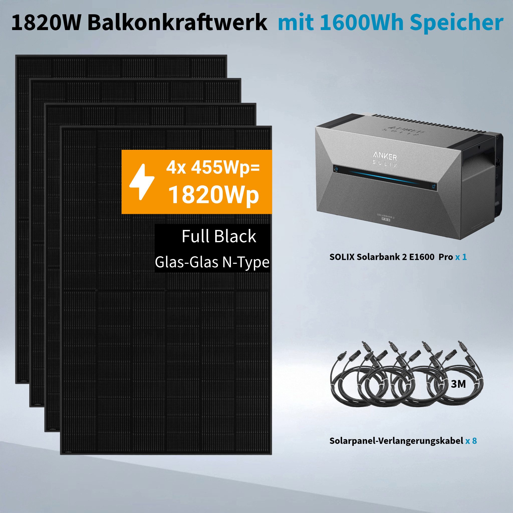 Anker Balkonkraftwerk Solix 1820W Photovoltaikanlage Komplettset mit Solarbank E1600 2 Pro, 1820 W, N typ Glas-Glas, Vollschwarz, (Set, 4-St., 4 Solarmodule+1 Anker Solix 2 Pro+0/1 Smarte Meter +0/1/2 BP1600), integriertem Wechselrichter, Wifi, Bluetooth, IP67