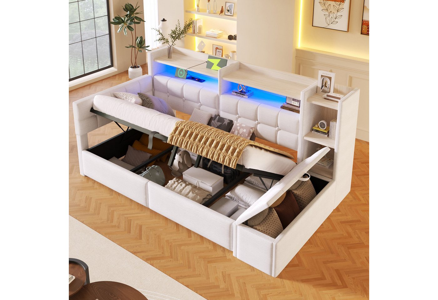 TavilaEcon Daybett Schlafsofa mit hydraulischer Lagerung, USB- und Typ-C-Anschlüssen (1 tlg), mit Ablagefach, Stauraumbank am Fußende, 140 × 200 cm, Weiß