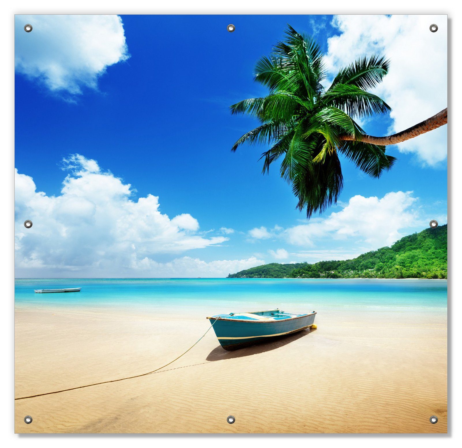 Sonnenschutz Urlaub am Palmenstrand unter Palmen mit Fischerboot, Wallario, blickdicht, mit Saugnäpfen, wiederablösbar und wiederverwendbar