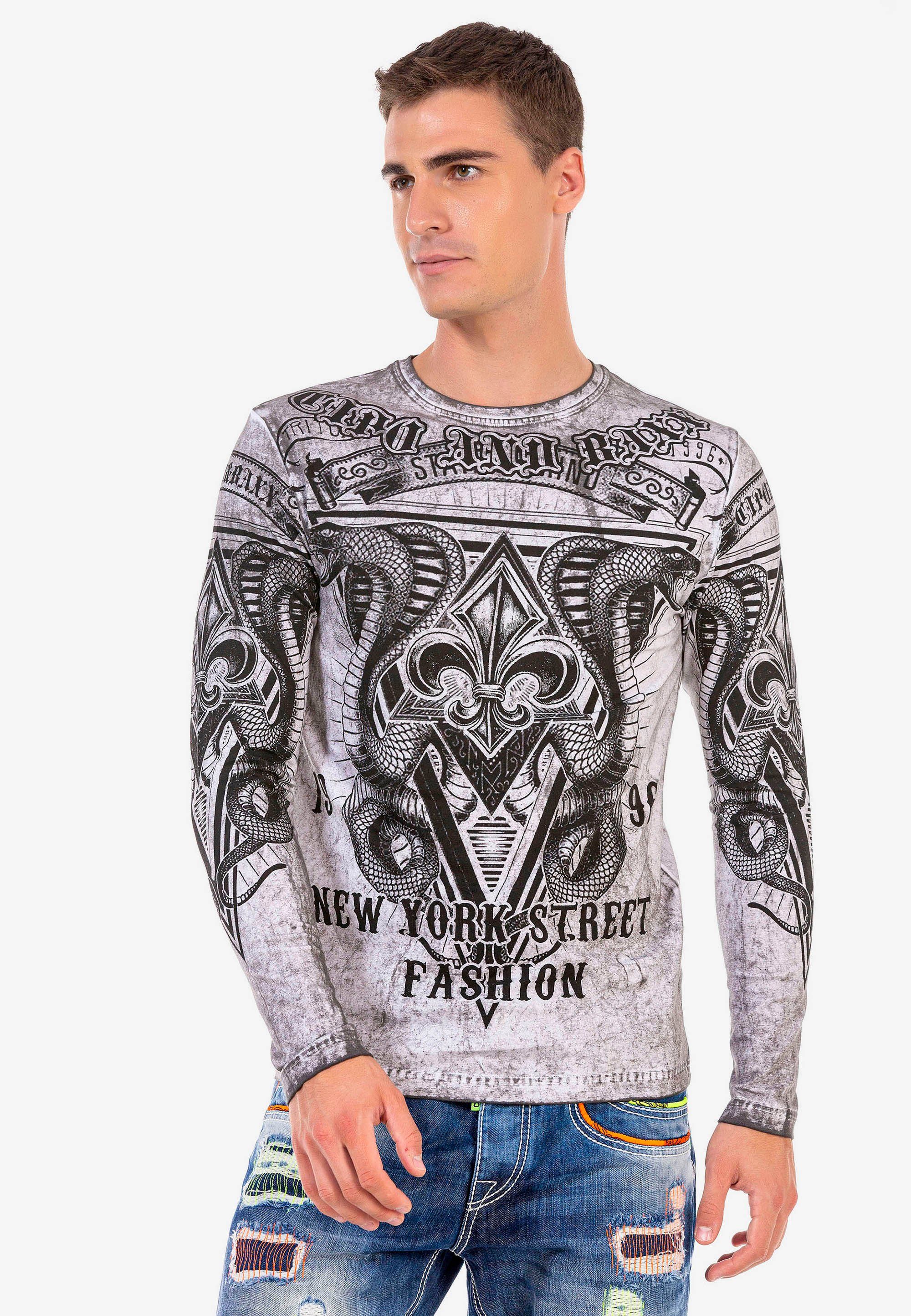 Cipo & Baxx Langarmshirt großem mit Print grau