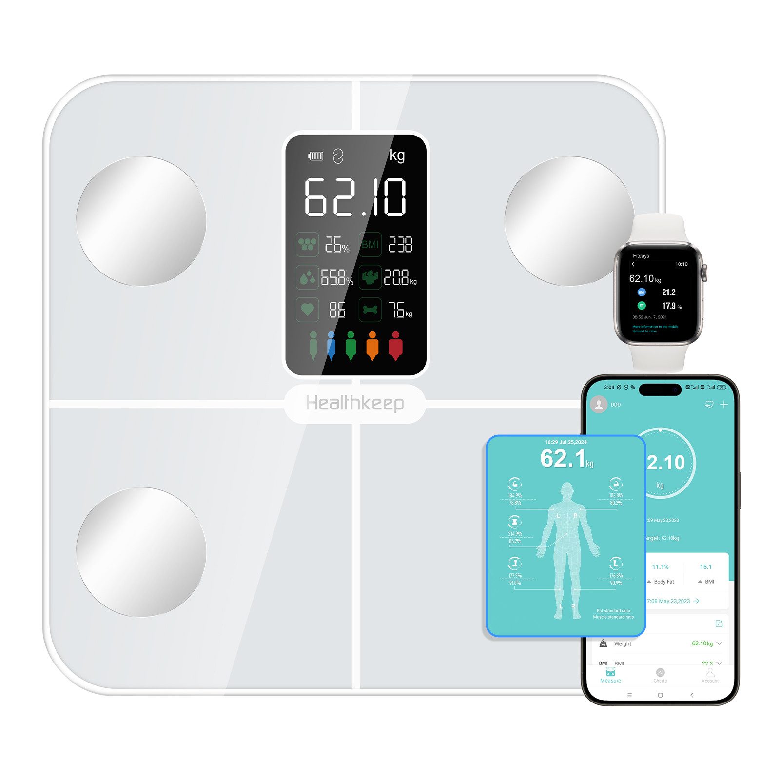Healthkeep Körper-Analyse-Waage Intelligente Körperanalysewaage 15 Körperdaten mit großem VA-Display, Digitale Waage Impedanzmessung Bluetooth, App für Android und iOS Max. 180kg/400lb/28st