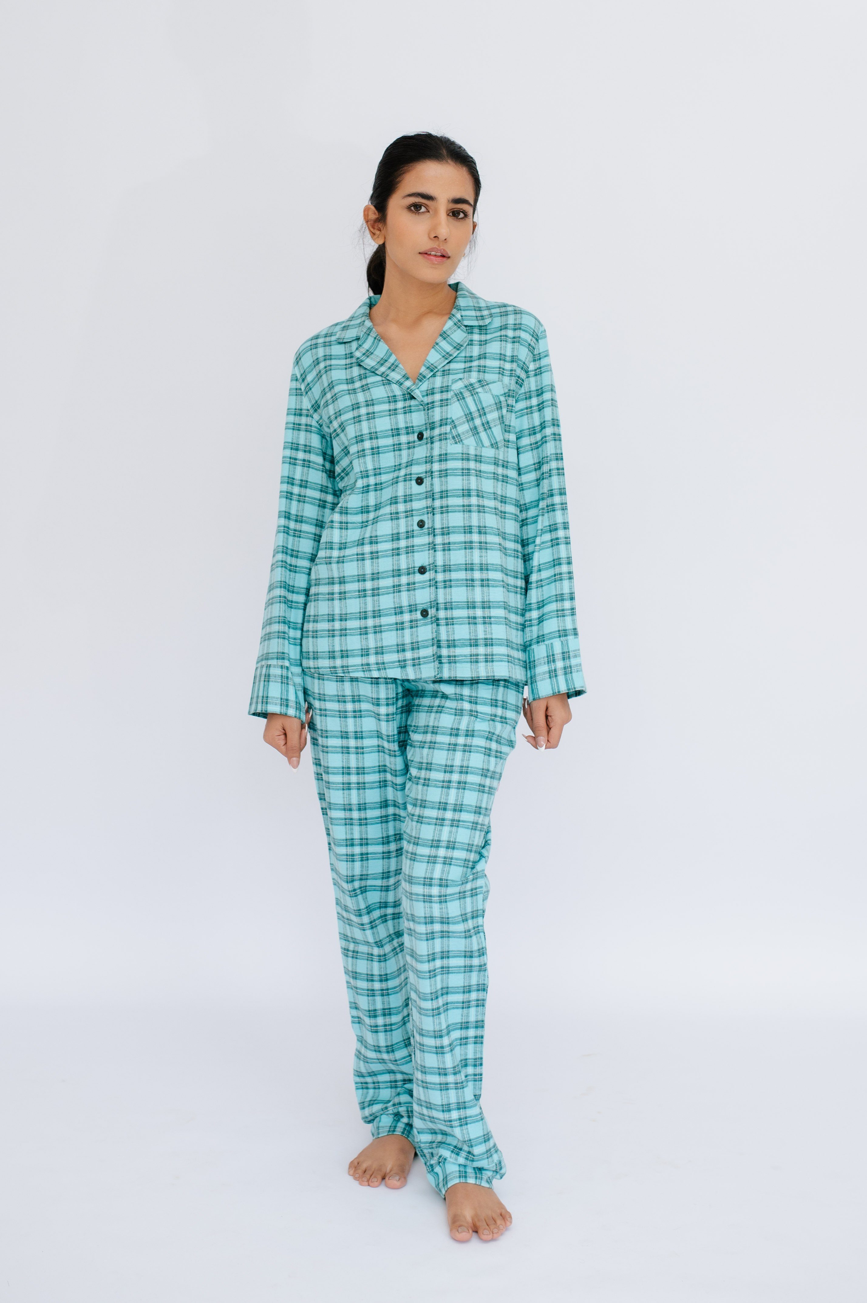 SNOOZE OFF Pyjama Schlafanzug aus Flanell in türkisem Karomuster (2 tlg., 1 Stück) mit Kontrastpaspel-Details
