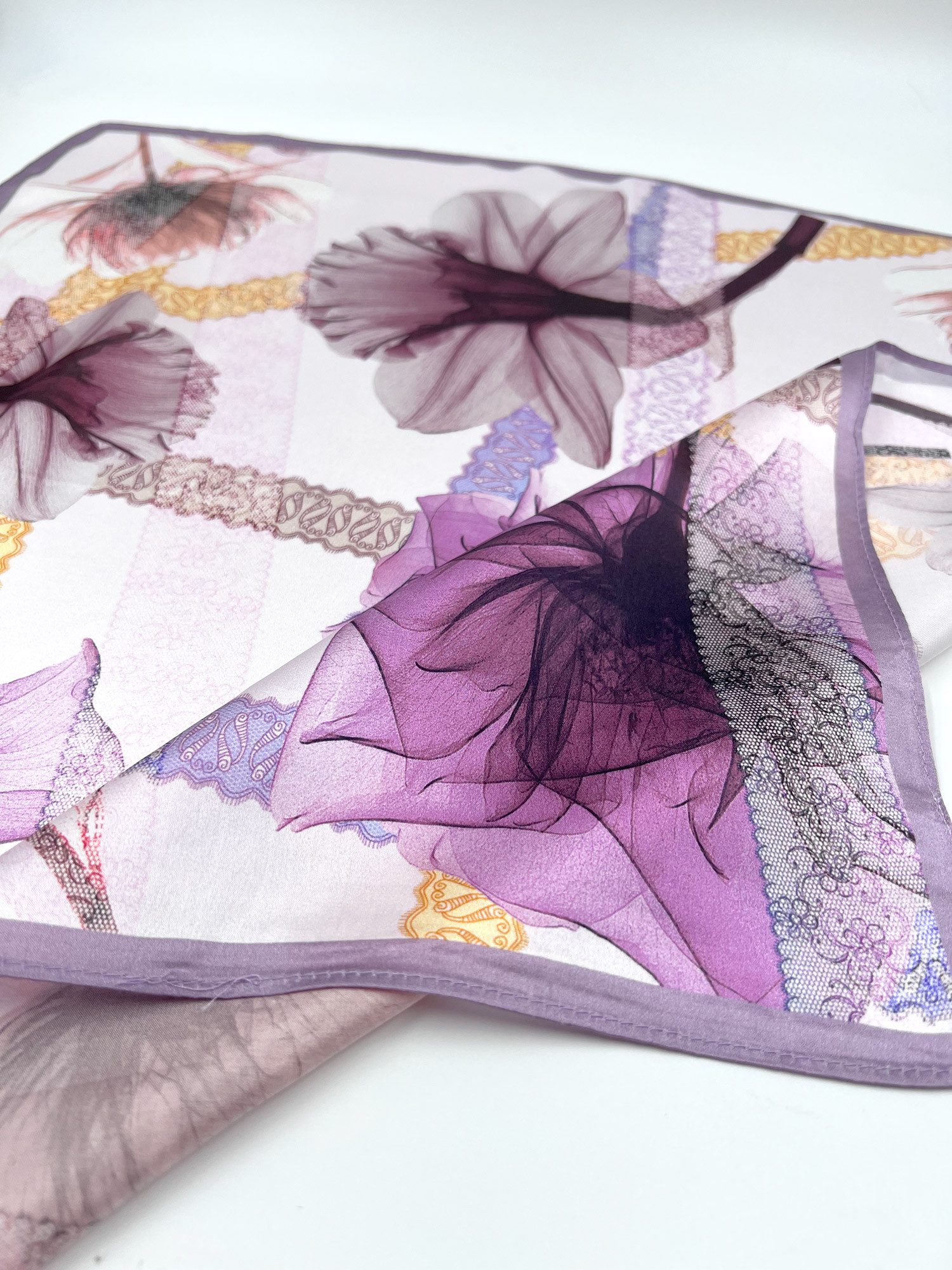 Vivi Idee Seidentuch 100% Maulbeerseide Halstuch Damen Violette Blütenpoesie, Quadratisches 53x53 cm Halstuch, bedrucktes Seidenschal