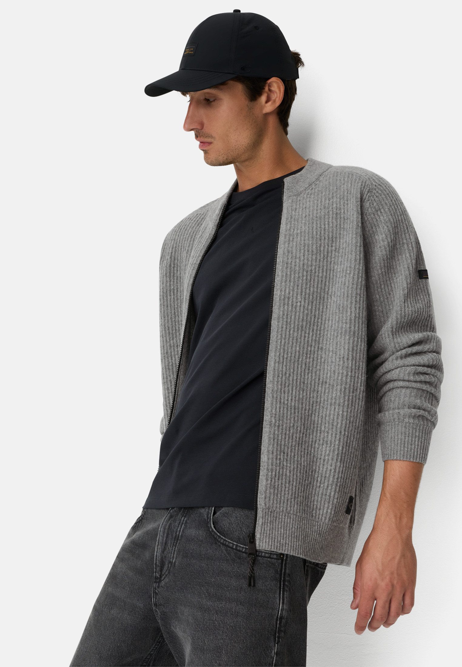 camel active Strickjacke aus reiner Lammwolle Langarm Stehkragen
