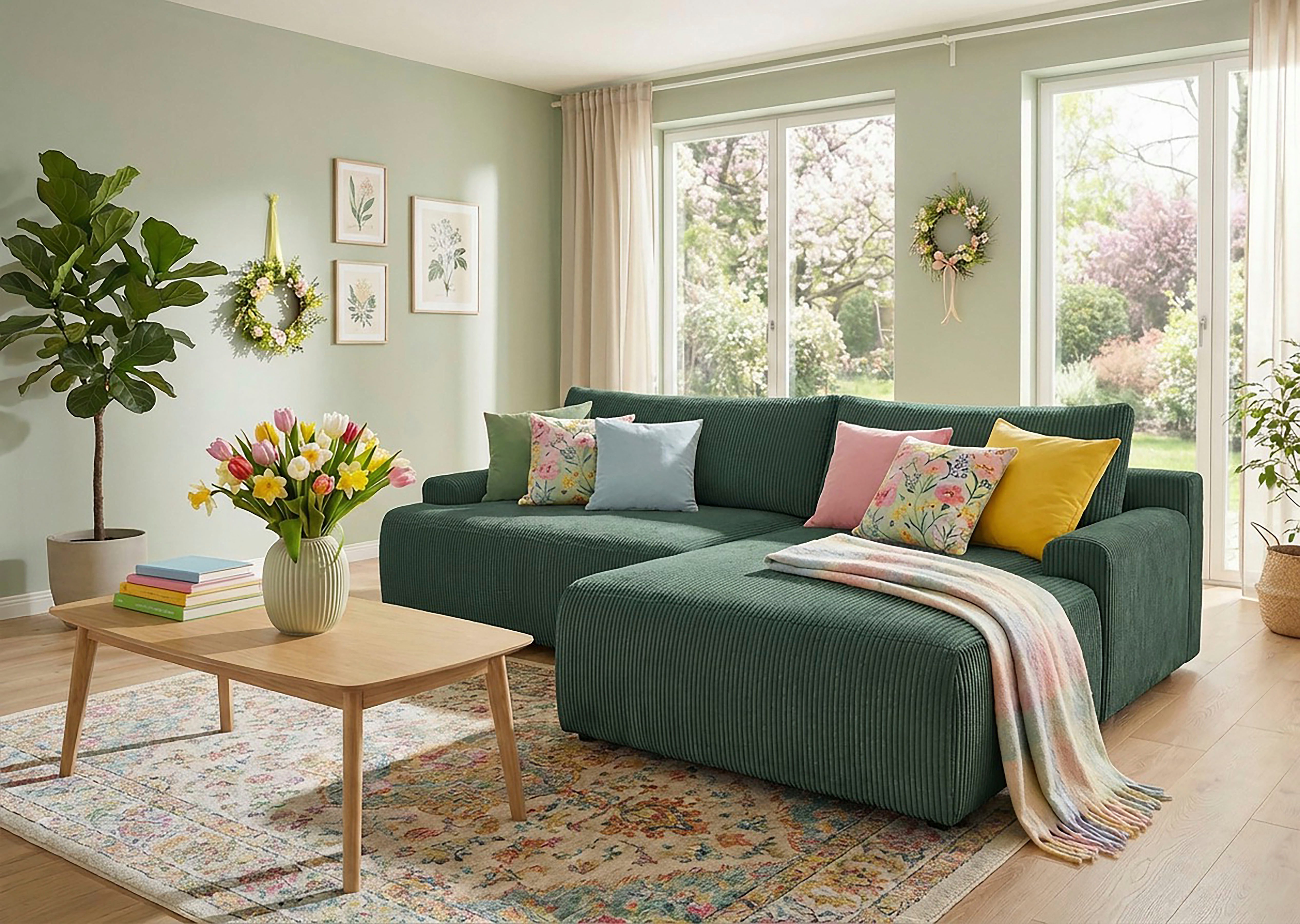TRENDMANUFAKTUR Ecksofa Prag, Schlafsofa mit Bettkasten, Couch in L-Form, Breite 253 cm, in Cordstoff HYPER, dunkelgrün, Recamiere rechts