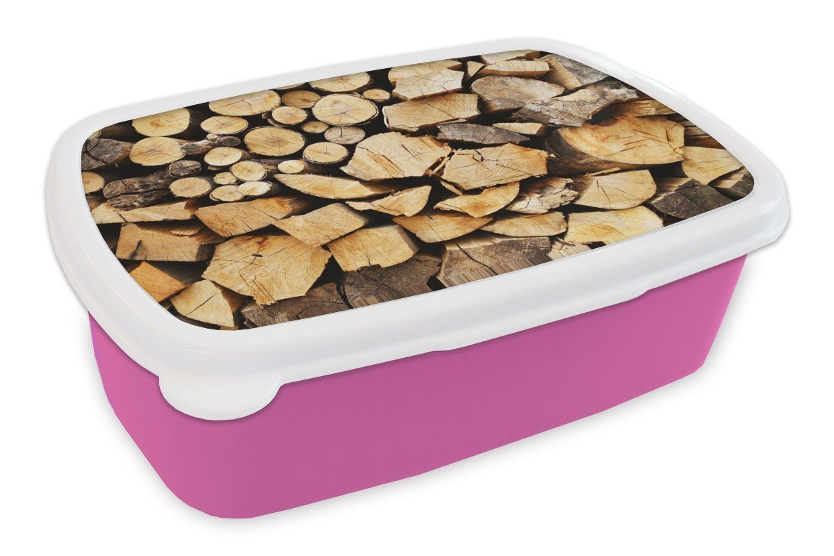 MuchoWow Lunchbox Gestapeltes Brennholz, Kunststoff, rosa Kinder, (2-tlg), für Erwachsene, Mädchen, Brotbox Kunststoff Brotdose Snackbox