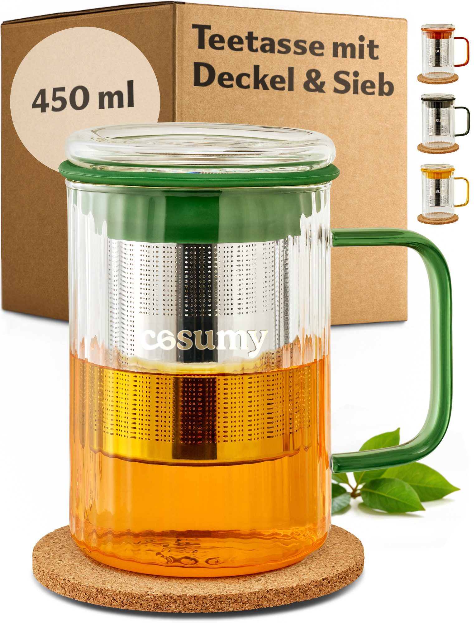 Cosumy Teeglas Teetasse mit Deckel und Sieb 450ml Grün, 1-tlg., Borosilikatglas, Edelstahl, Kork, Edelstahlfilter