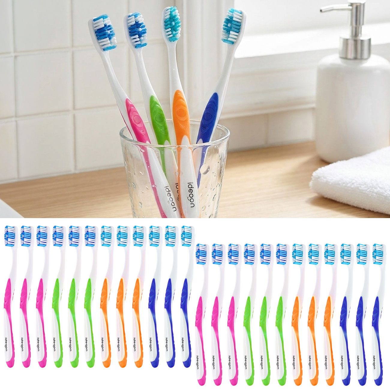 shop'n smile ideoon Zahnbürste Handzahnbürsten Set Medium mit Zungenreiniger, 12er- / 24er-Pack, Zahnbürsten-Familienpackung mit Wellenprofil & einzeln verpackt
