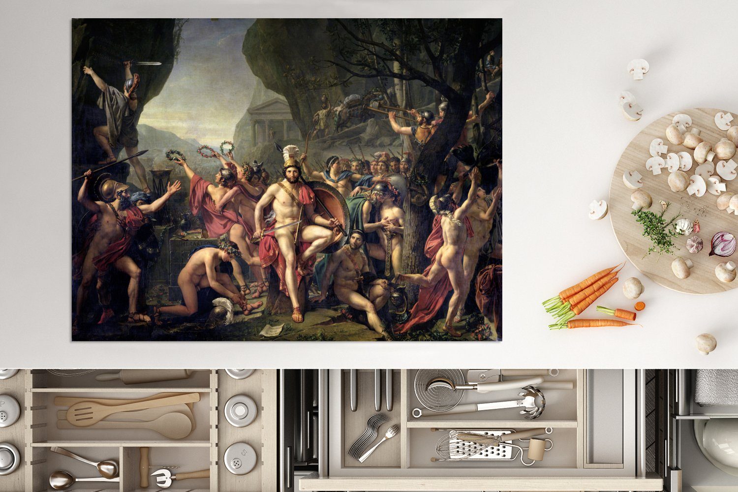 70x52 Leonidas nutzbar, Mobile Thermopylen Jacques-Louis bei Gemälde (1 cm, Herdblende-/Abdeckplatte Ceranfeldabdeckung David, Vinyl, tlg), von MuchoWow den - Arbeitsfläche