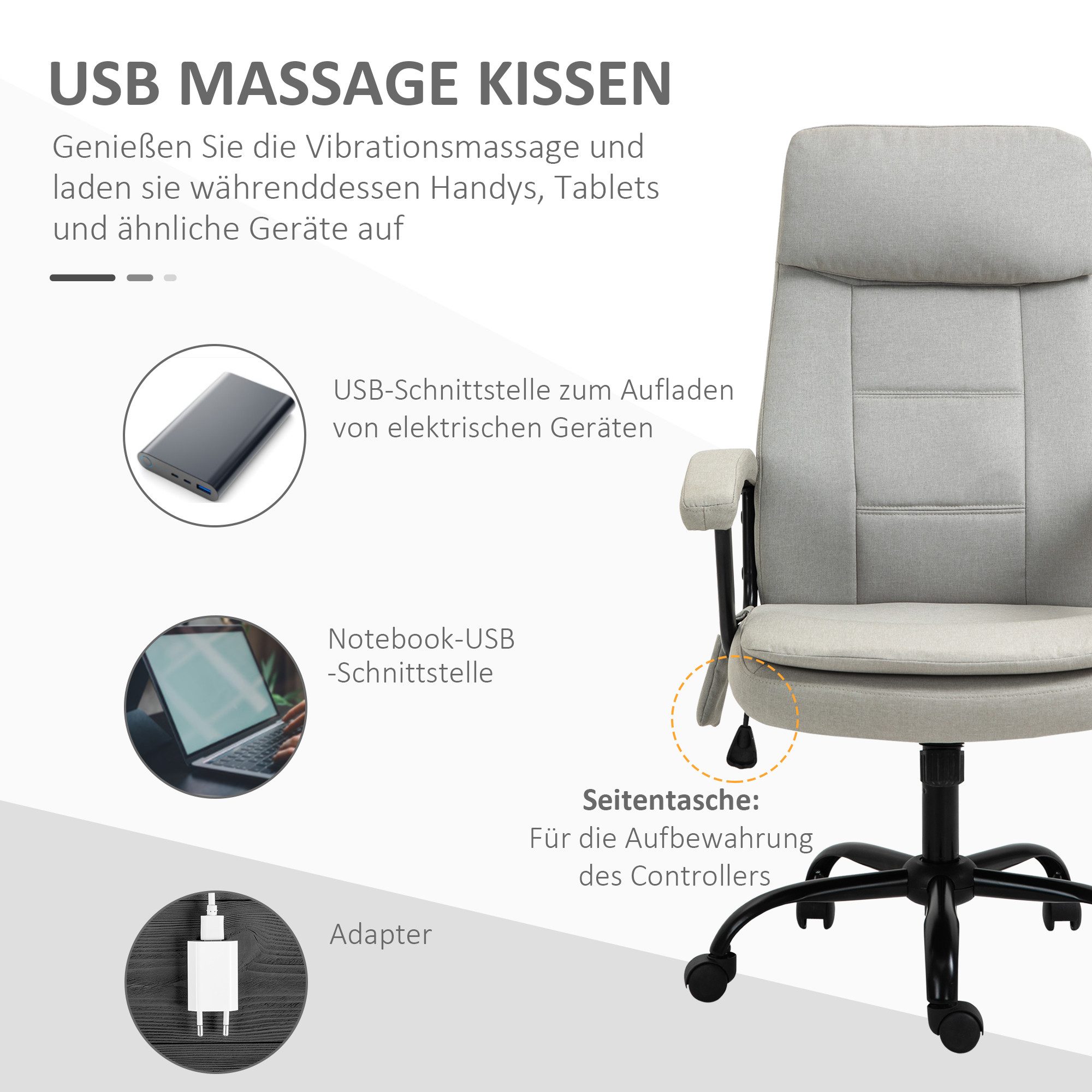Vinsetto Schreibtischstuhl Bürostuhl mit Massagefunktion, Chefsessel mit Wippfunktion (Massagebürostuhl, 1 St), Drehstuhl, höhenverstellbar Lendenwirbelsäulenma – Bild 4 von 5