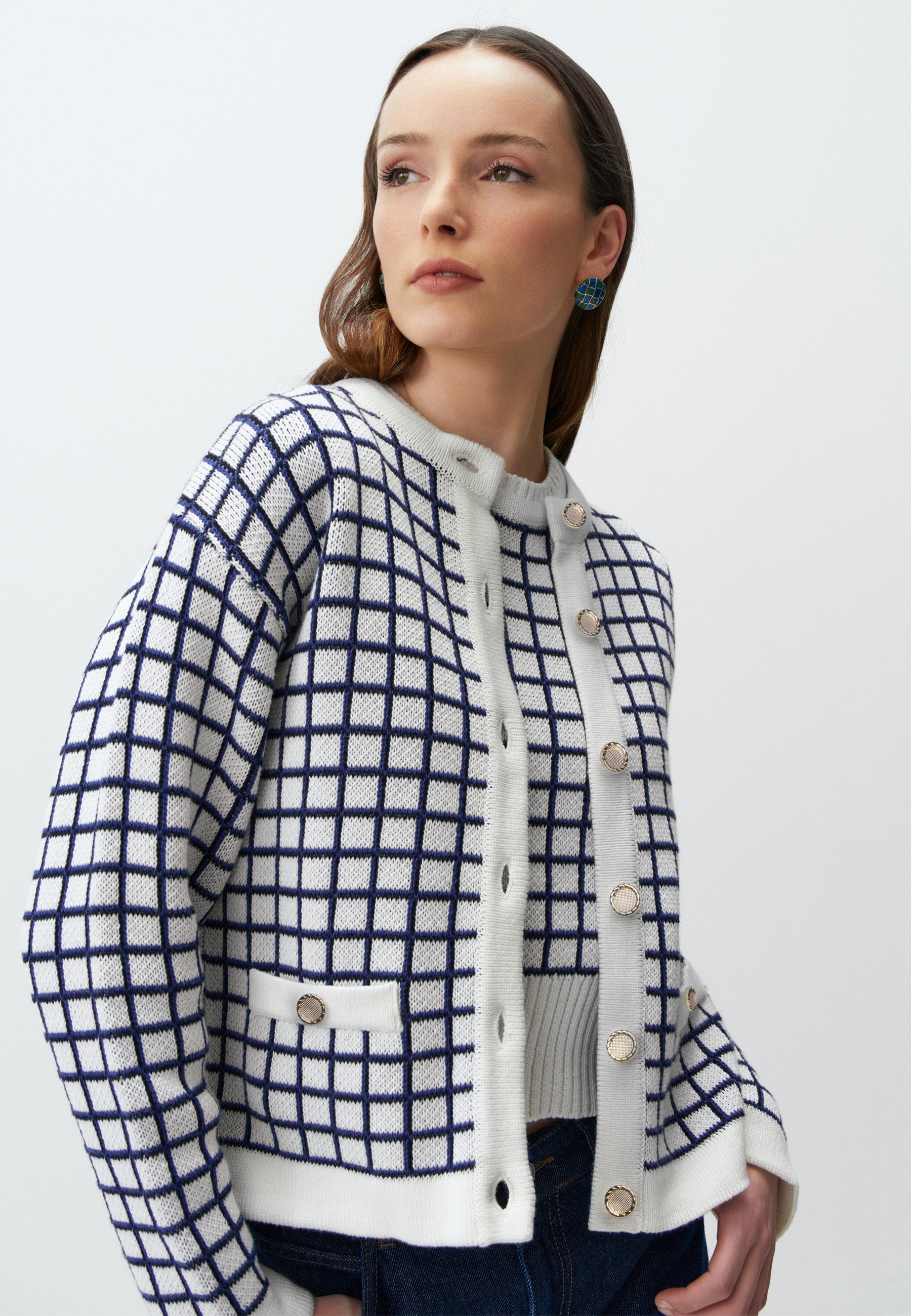 Strickpullover Rundhalsausschnitt Karomuster Pullover Cardigan