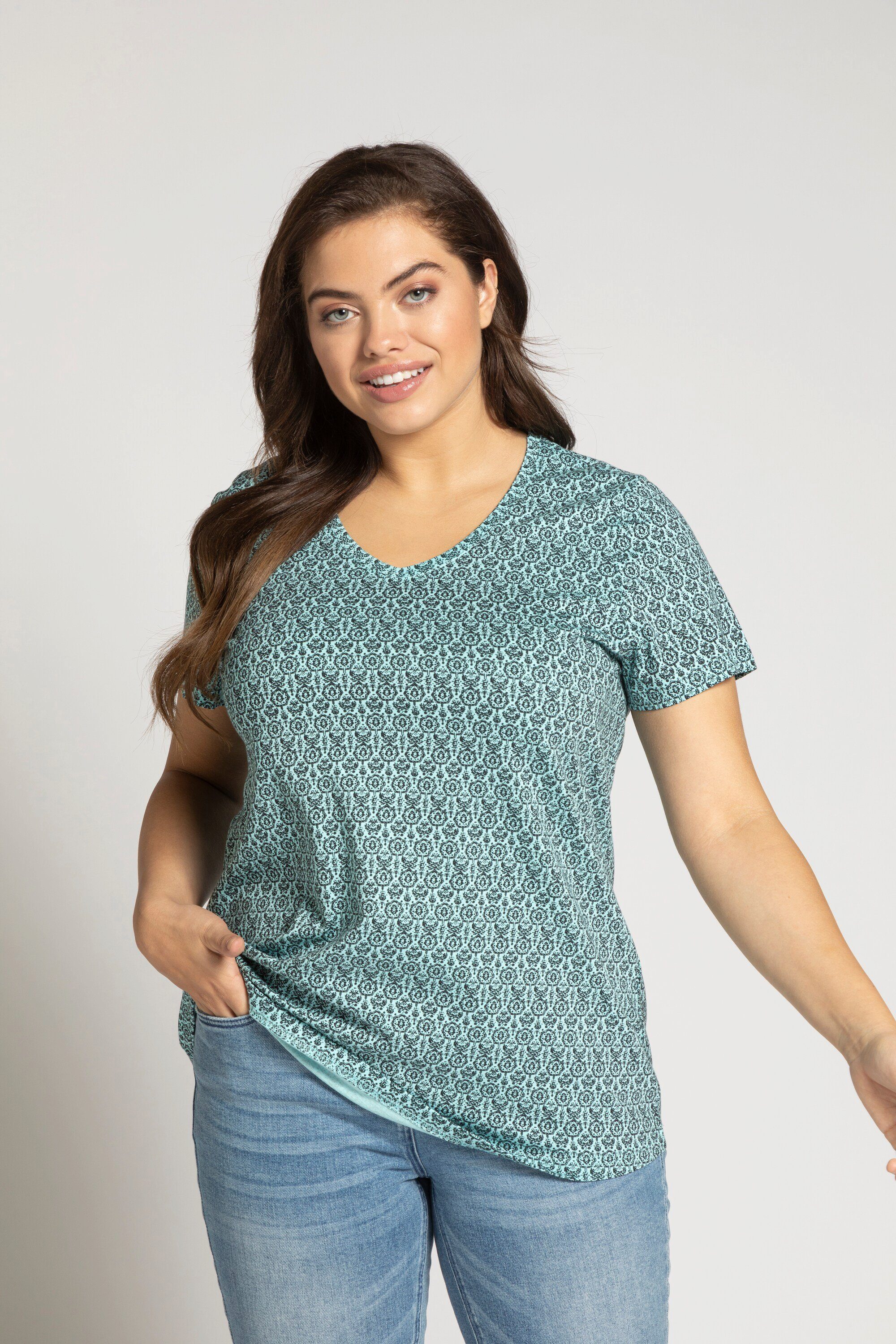 Ulla Popken Rundhalsshirt T-Shirt gemustert Halbarm Classic Fit V-Ausschnitt