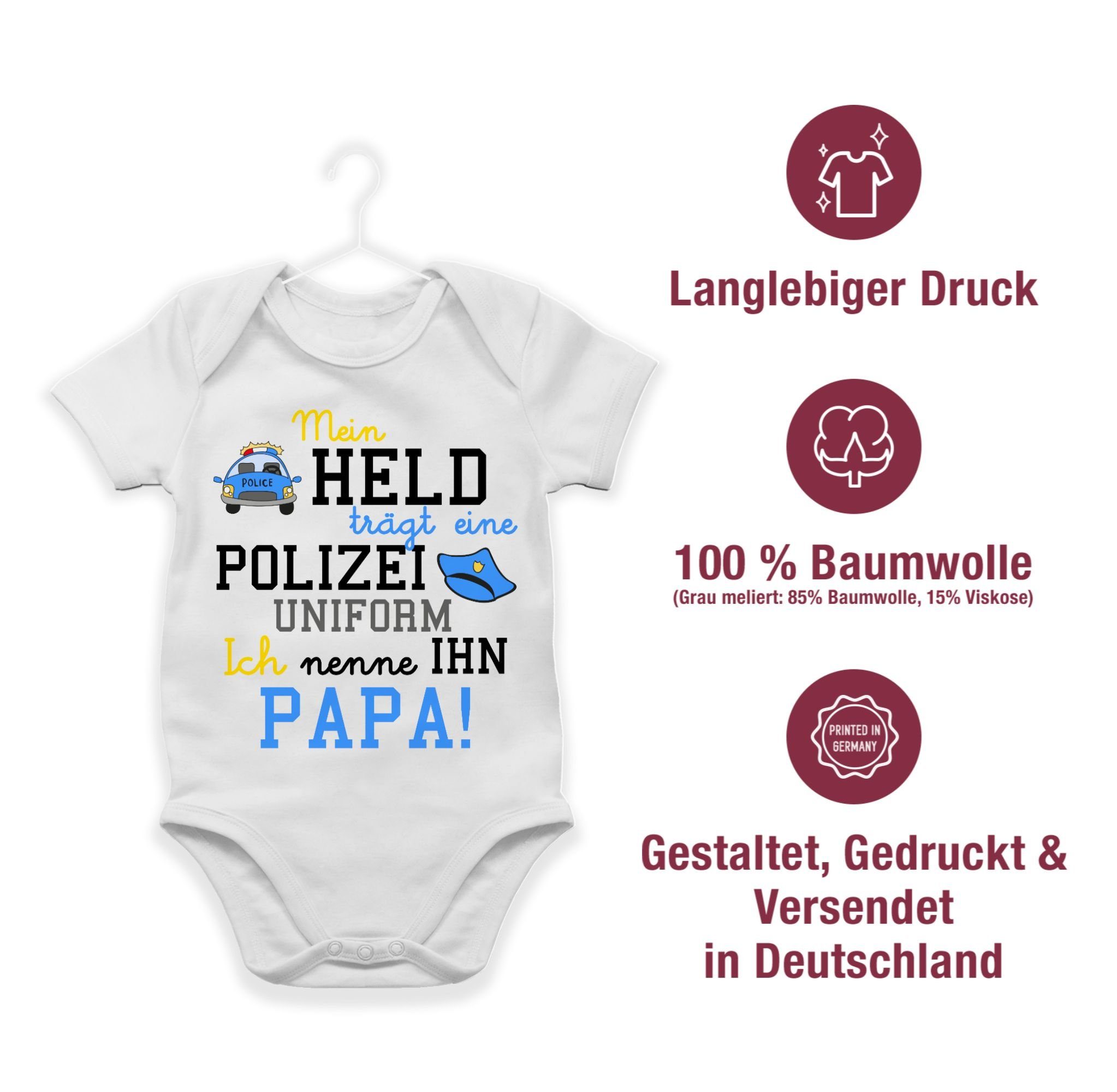 Held trägt Baby Shirtbody Geschenk zur Mein Shirtracer Weiß 1 Geburt Polizeiuniform - Polizist Sprüche eine