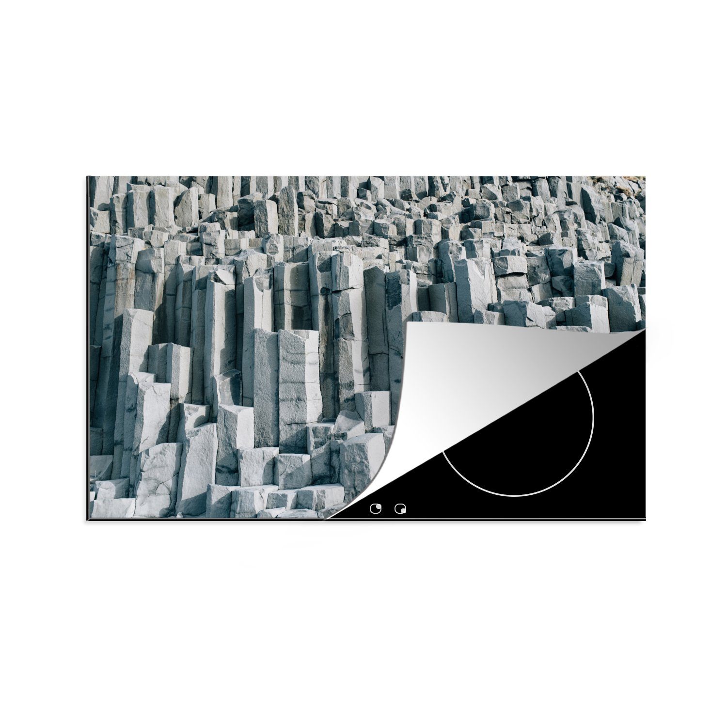 MuchoWow Herdblende-/Abdeckplatte Mann erklimmt Basaltformationen in Island, Vinyl, (1 tlg), 81x52 cm, Induktionskochfeld Schutz für die küche, Ceranfeldabdeckung