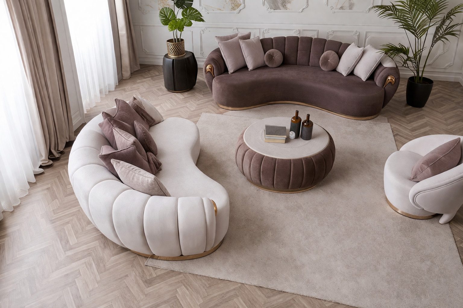 JVmoebel Polstergarnitur Halbrunde Sofagarnitur in elegantem Design mit gemütlichen Sitzen, (4tlg.Sofagarnitur 3 + 3 + 1 Sitzer + Couchtisch), Made in Europa