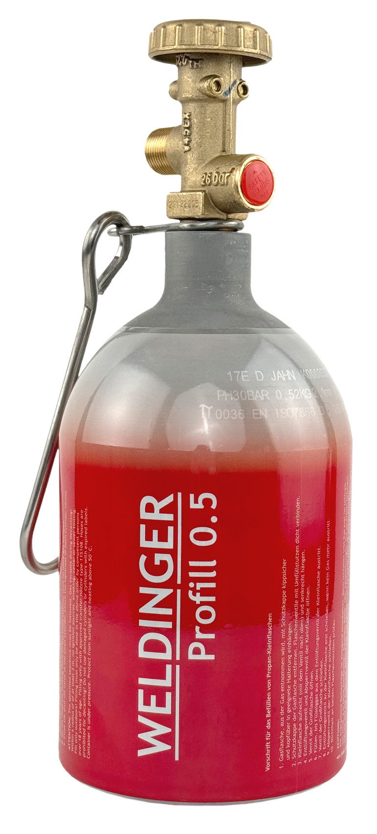 WELDINGER Gas Aluminium Propanflasche Profill 0.5 0,425 kg rot Handwerkerflasche, befüllbare Kleinflasche für Propan/Butan, Aluminiumzylinder