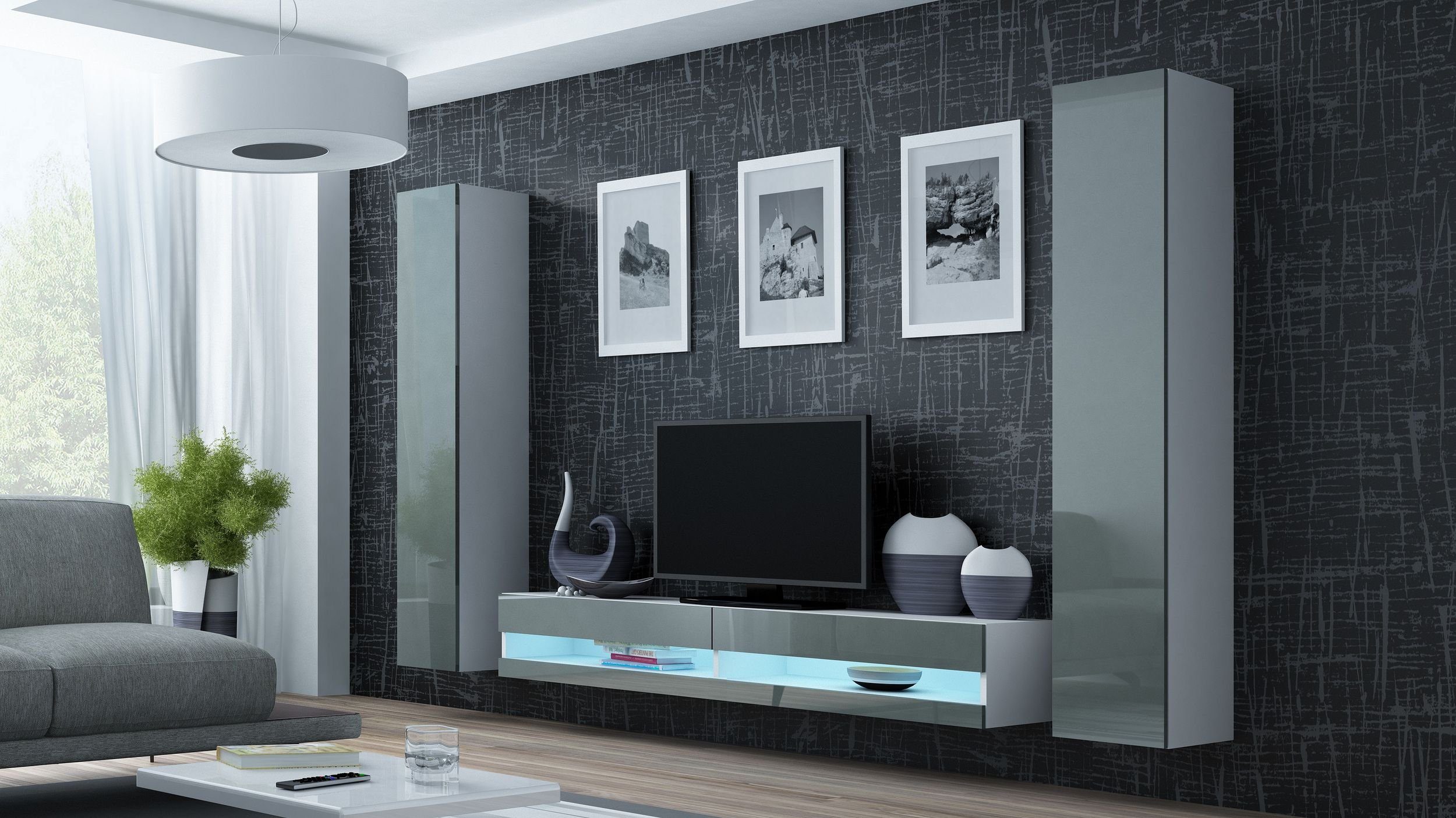 Stylefy Wohnwand Vago Hochglanz - mit bestehend IV, Grau inkl. aus LED-Beleuchtung, Wohnzimmer-Set), 2xHängeschrank, und Weiß New 1xLowboard Wohnmöbel, Matt (3-St), Push-to-Open (Set