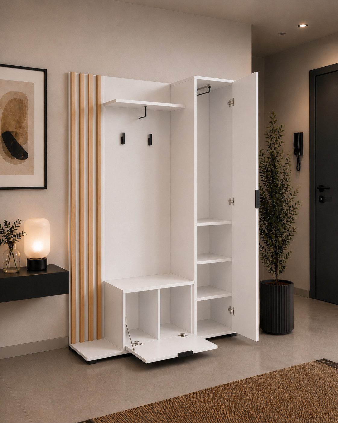 MOEBLO Kompaktgarderobe JOHN (Dielenschrank Wandschrank Regal Diele & Flur Kleiderschrank Schuhschrank, mit Spiegel Flurgarderobe Schrank Kompaktgarderobe), (BxHxT): 135x197x34cm