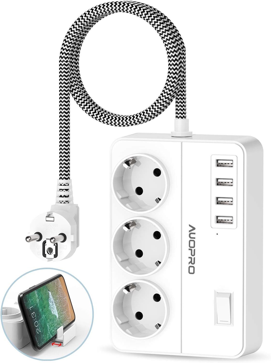 AUOPRO Steckdosenleiste 3fach mit USB, Überspannungsschutz 2m Kabel Mehrfachsteckdose 7-fach (3 EU-Steckdosen und 4 USB-Anschlüsse (5 V / 3,1 A) für vielseitige Ladefunktionen., Integrierter Telefonhalter für bequemes Platzieren von Handy oder Tablet., 600 Joule Überspannungsschutz, Schutz vor Überlast, Kurzschluss und Kindersicherung., Hochwertige Konstruktion aus Premium-ABS und PC (94V0) mit 100% Kupfer., 2 Meter langes robustes Kabel für flexiblen Einsatz in Zuhause oder Büro., Kindersicherung, Schutzkontaktstecker, Überspannungsschutz), Telefonhalter, Überlastschutz, Überspannungsschutz, Kindersicherung