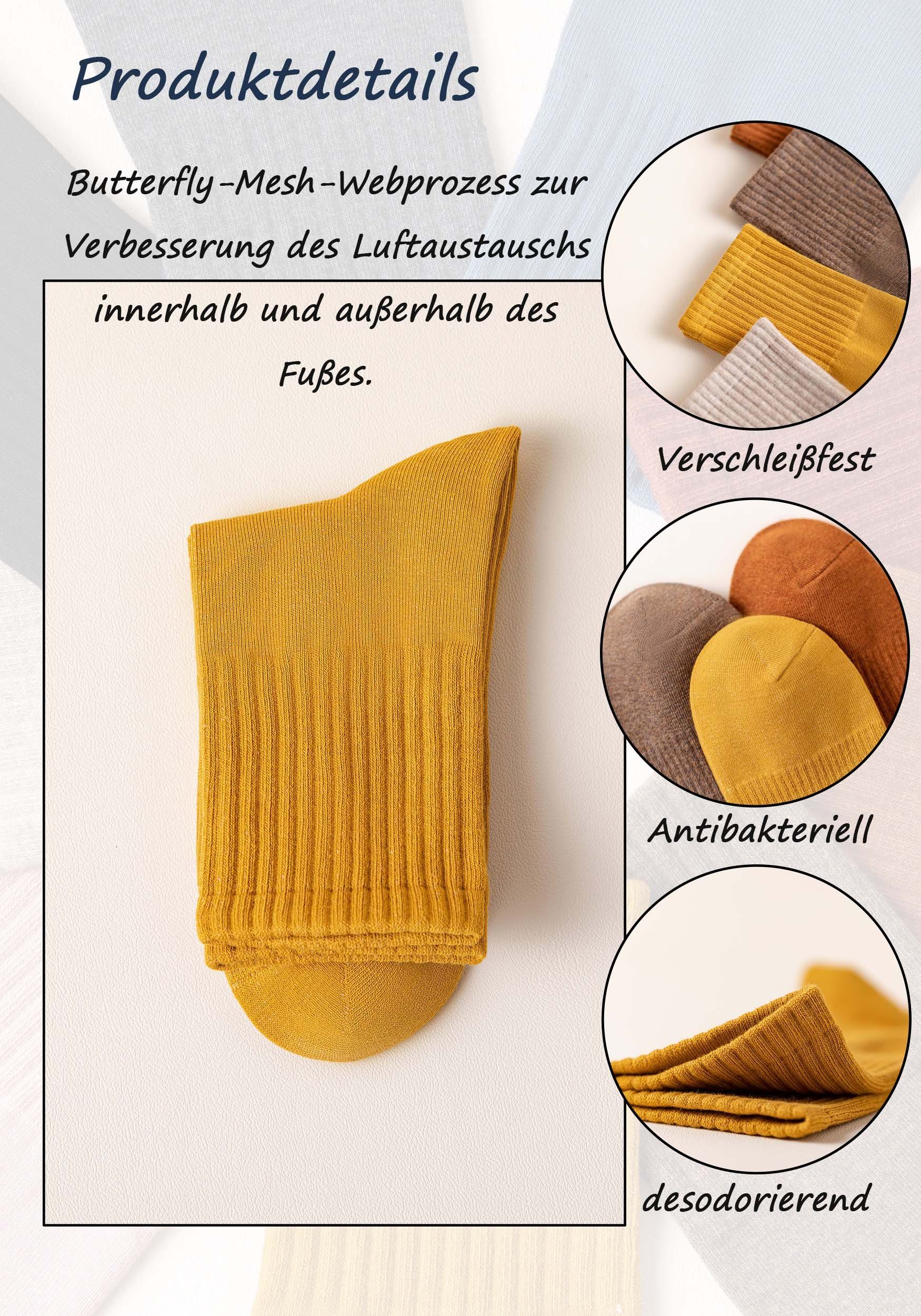 MAGICSHE Socken Damen 100% einfarbig hohes Basicsocken (4-Paar, Gelb 4-Paar) Baumwolle