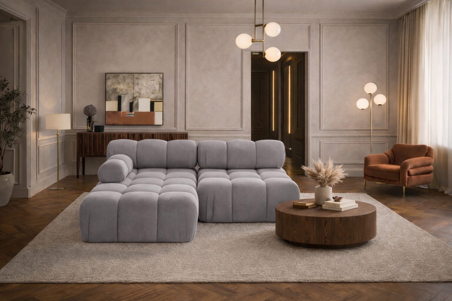 Ecksofa L Mini II modern für Wohnzimmer, Stoff Velours Salvador, SELIA