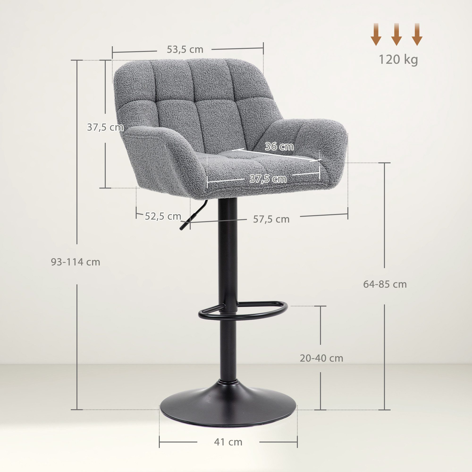 HOMCOM Barhocker Bistrohocker mit Lehne und Fußstütze (Bistrohocker, 2 St., Barstuhl), Grau 57,5 x 52,5 x 93-114 cm