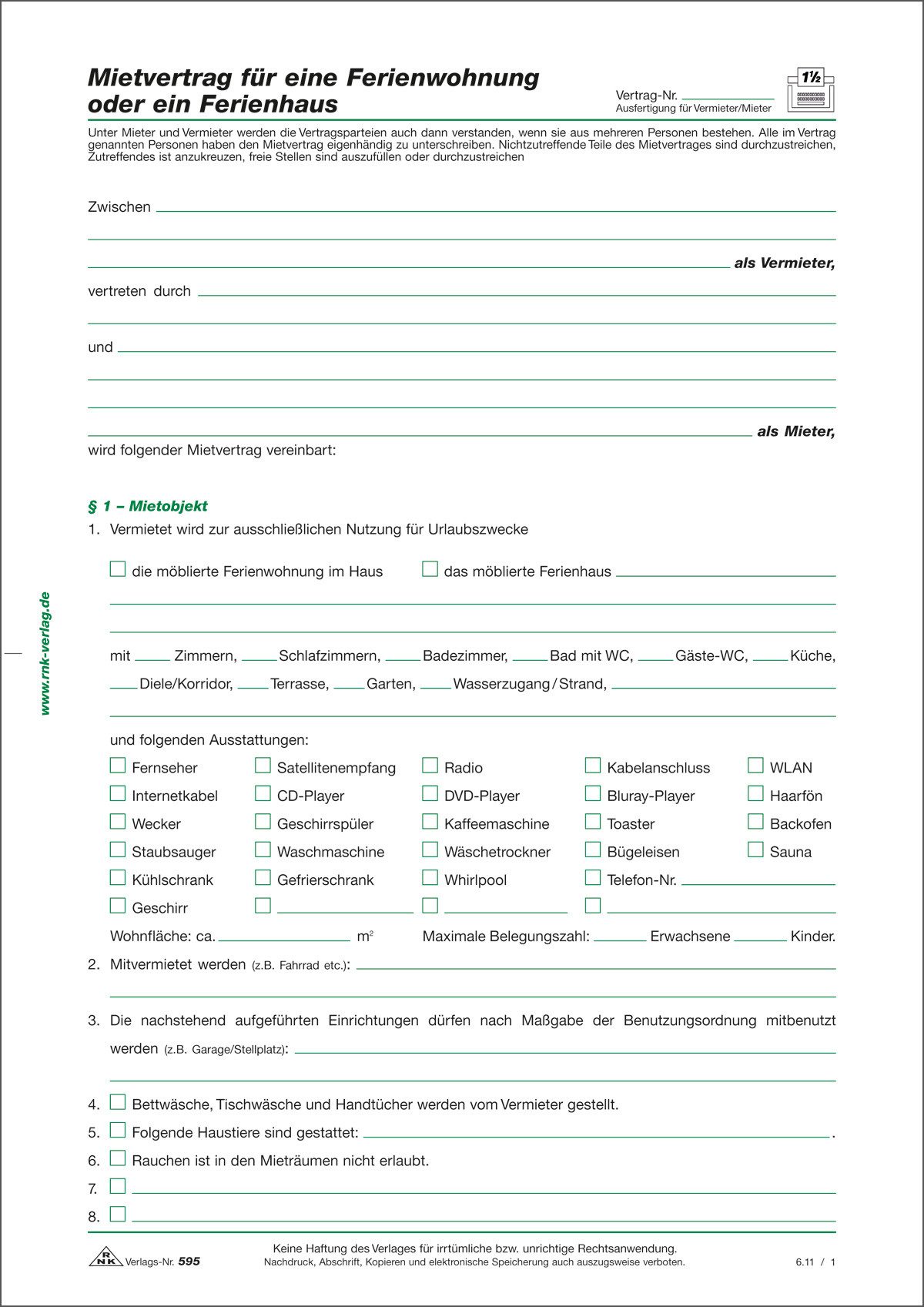 RNK Formularblock RNK Mietvertrag Ferienwohnung/-haus A4 4 Seiten