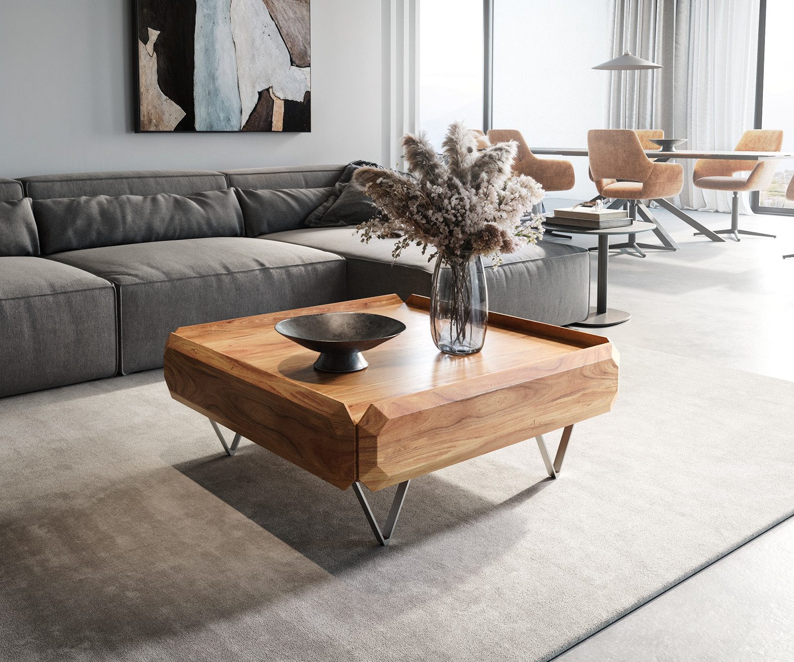 DELIFE Couchtisch Kiano, Akazie Natur 90x90 cm 2 Schübe V-Fuß Edelstahl