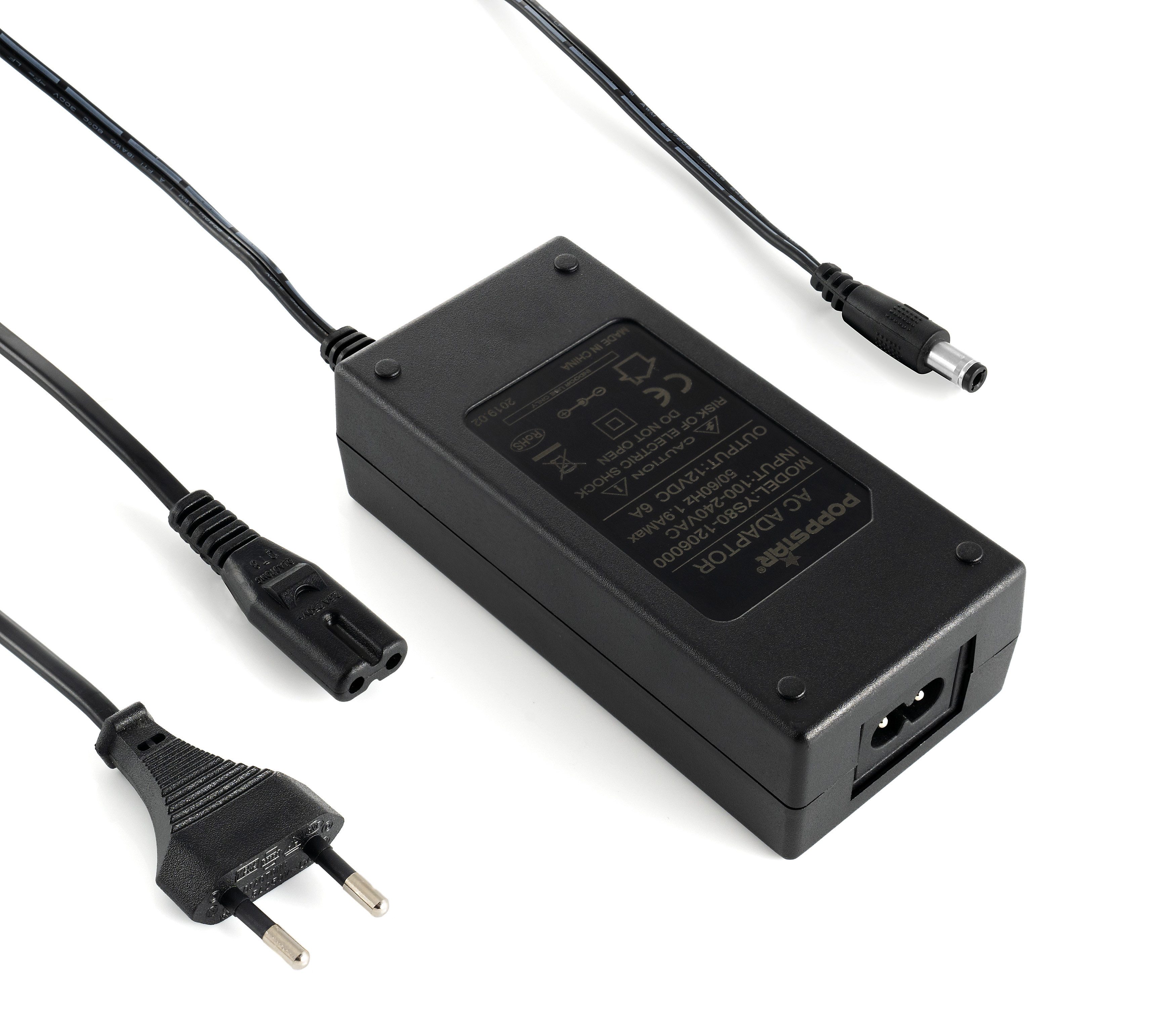 Poppstar Universal AC DC Netzteil 12V 6A 72 W Universal-Netzteil (Kabellänge 2,5 m (5,5x2,5mm Anschluss mit 2 Adaptersteckern)