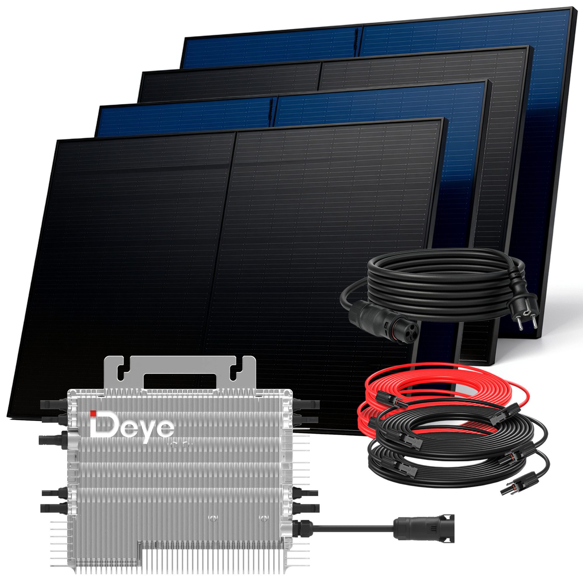 SUNNIVA Balkonkraftwerk 2000W BIFAZIAL FULLBLACK komplett Steckdose, (DEYE 1600W Wechselrichter, PV Solaranlage, 4x 500W Glas Solarmodule, inkl. 5m Kabel, Bluetooth WIFI, Komplettset)