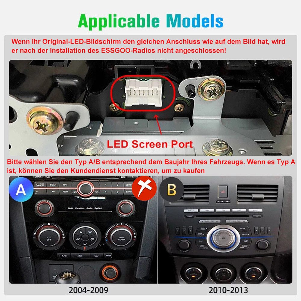 ESSGOO Für Mazda 3 BL 2010-2013 Android 15 USB Carplay NAVI Autoradio (RDS, Digitalradio (DAB), FM, AM, Carplay Android Auto GPS Navi WIFI BT SWC)