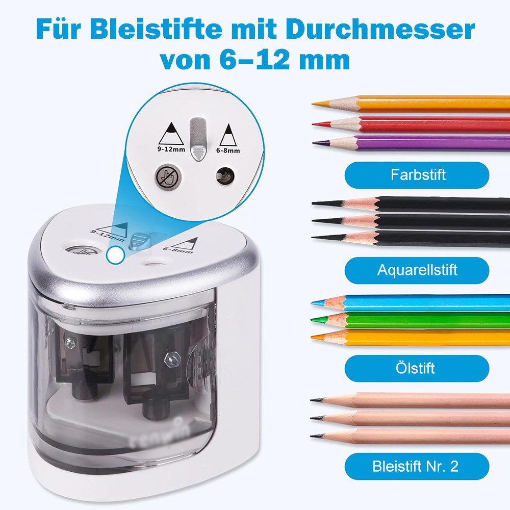 AFKSMILE Anspitzer Elektrischer Bleistiftspitzer, Doppelloch-Batteriespitzer, Anspitzer, Für 6-12mm No.2/Buntstifte, für Schule/Klassenzimmer/Büro/Haus – Bild 4 von 5