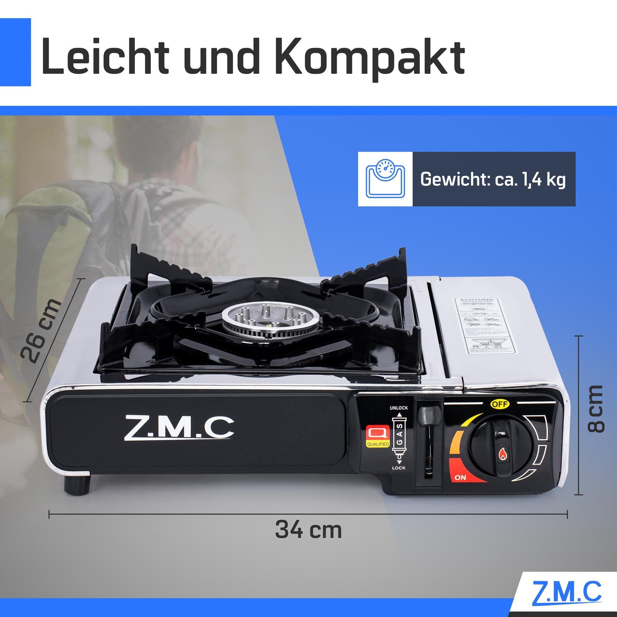 ZMC Gaskocher Edelstahl Gaskocher 1-flammig + Aufbewahrungskoffer + 24 Gaskartuschen, (Butangas Campingkocher für Innenraum/Outdoor, Campinggaskocher 2,2 kW mit – Bild 3 von 5
