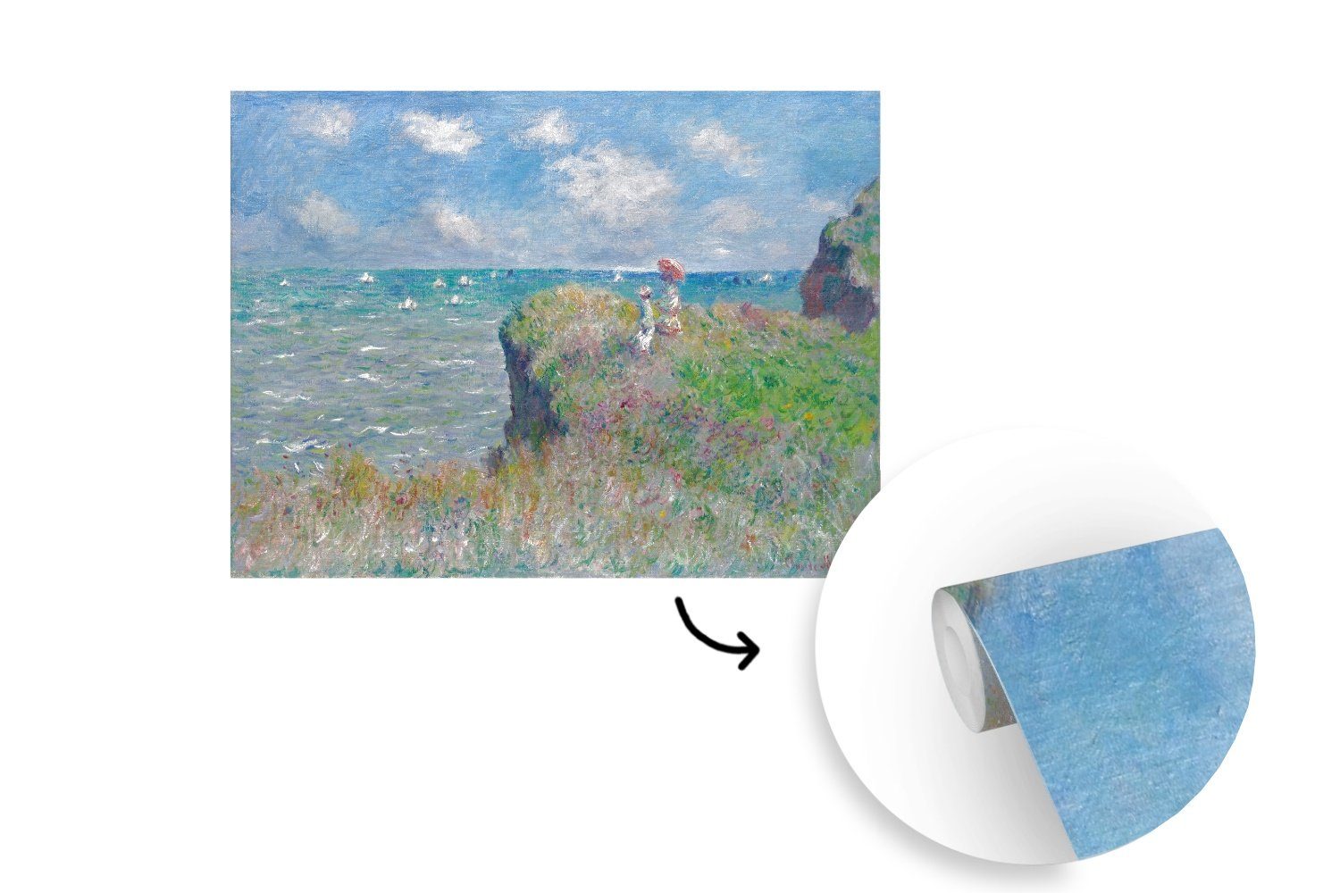 MuchoWow Fototapete Spaziergang auf der Vinyl in Monet, (5 Montagefertig bedruckt, Wandtapete Pourville Claude Klippe von Tapete - Wohnzimmer, St), für Gemälde Matt