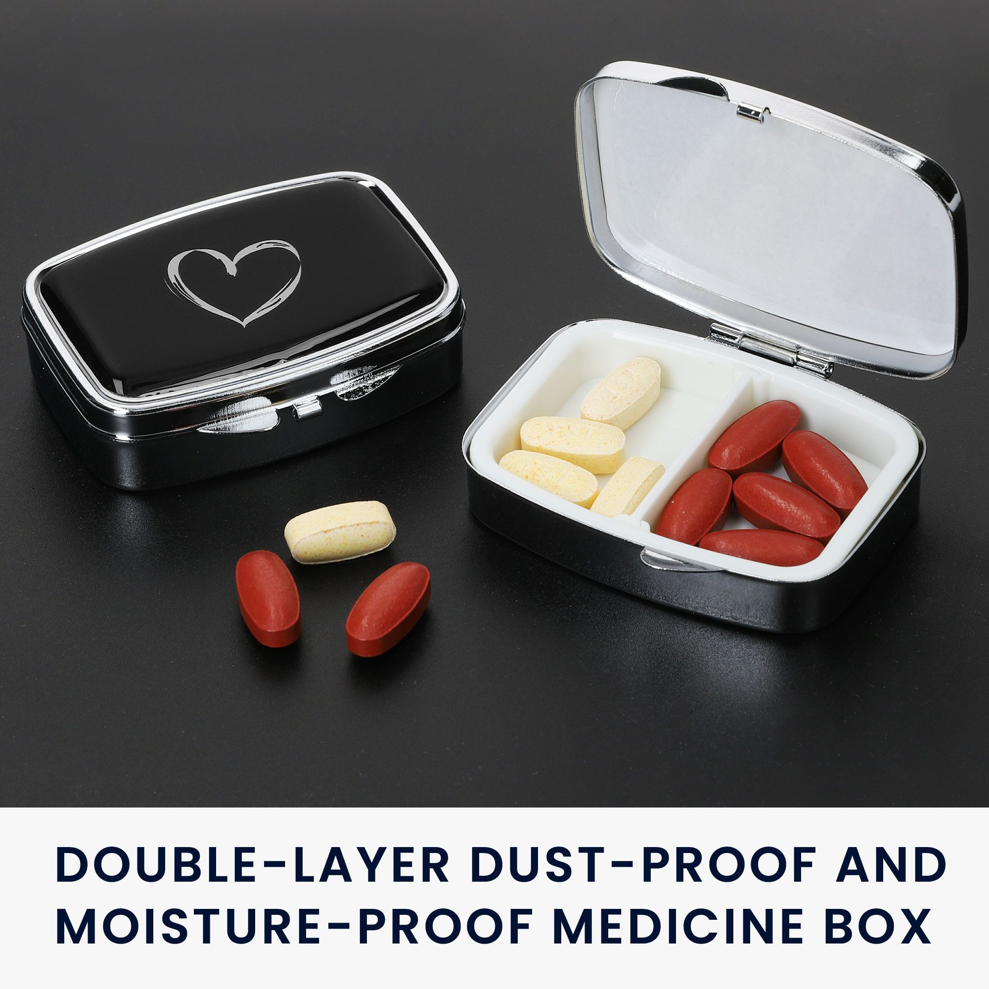 kwmobile Pillendose Edelstahl Tablettenbox mit 2 Fächern 5,5 x 4 x 1,5cm (2 St), Pillendose Tablettendose Tragbare Pillenbox Metall Medikamentenbox
