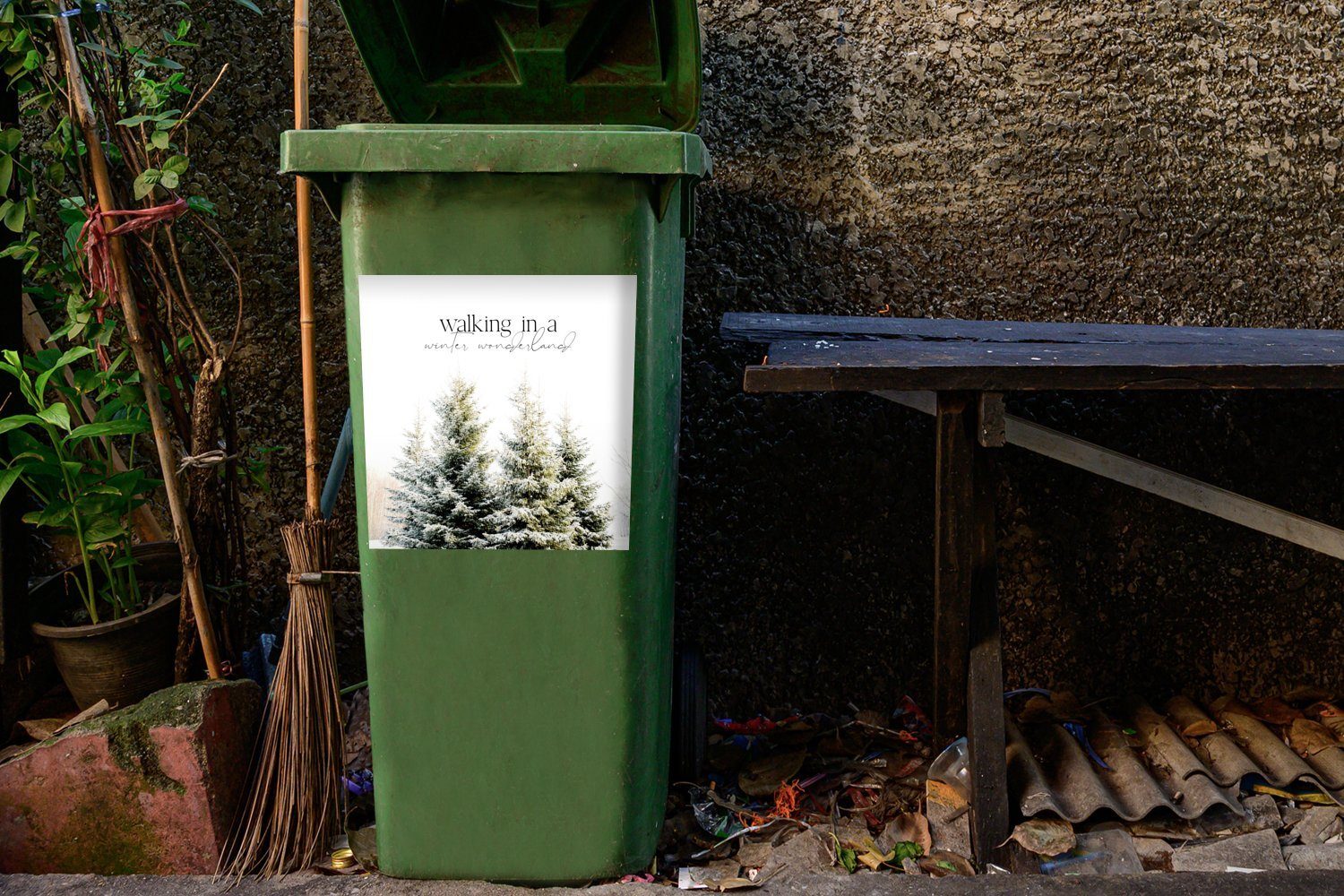 St), - Wandsticker Mülltonne, - Container, (1 Mülleimer-aufkleber, Sticker, Weihnachten MuchoWow Weihnachtsbaum Abfalbehälter Winter