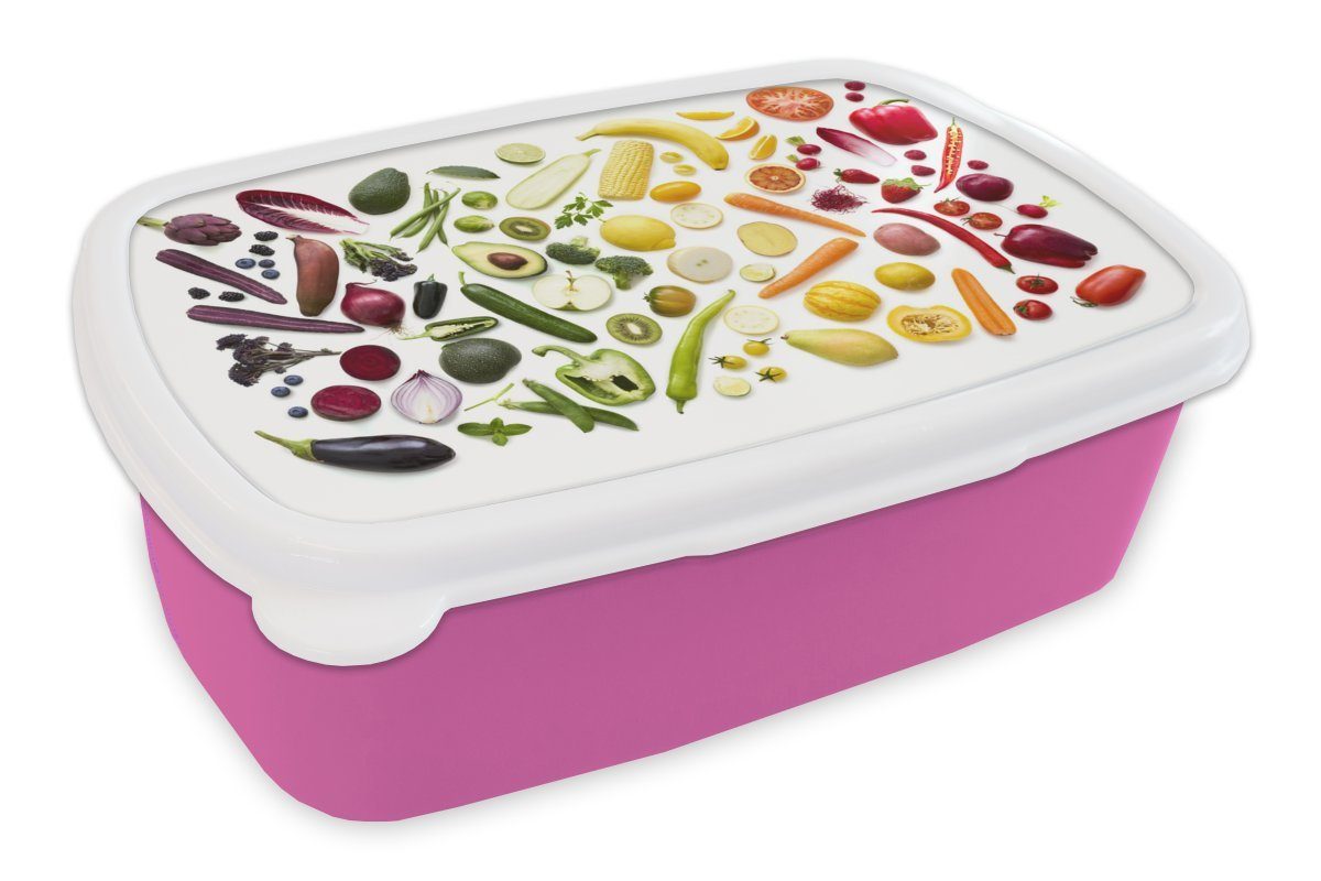 MuchoWow Lunchbox Gemüse - Obst - Regenbogen, Kunststoff, (2-tlg), Brotbox für Erwachsene, Brotdose Kinder, Snackbox, Mädchen, Kunststoff rosa