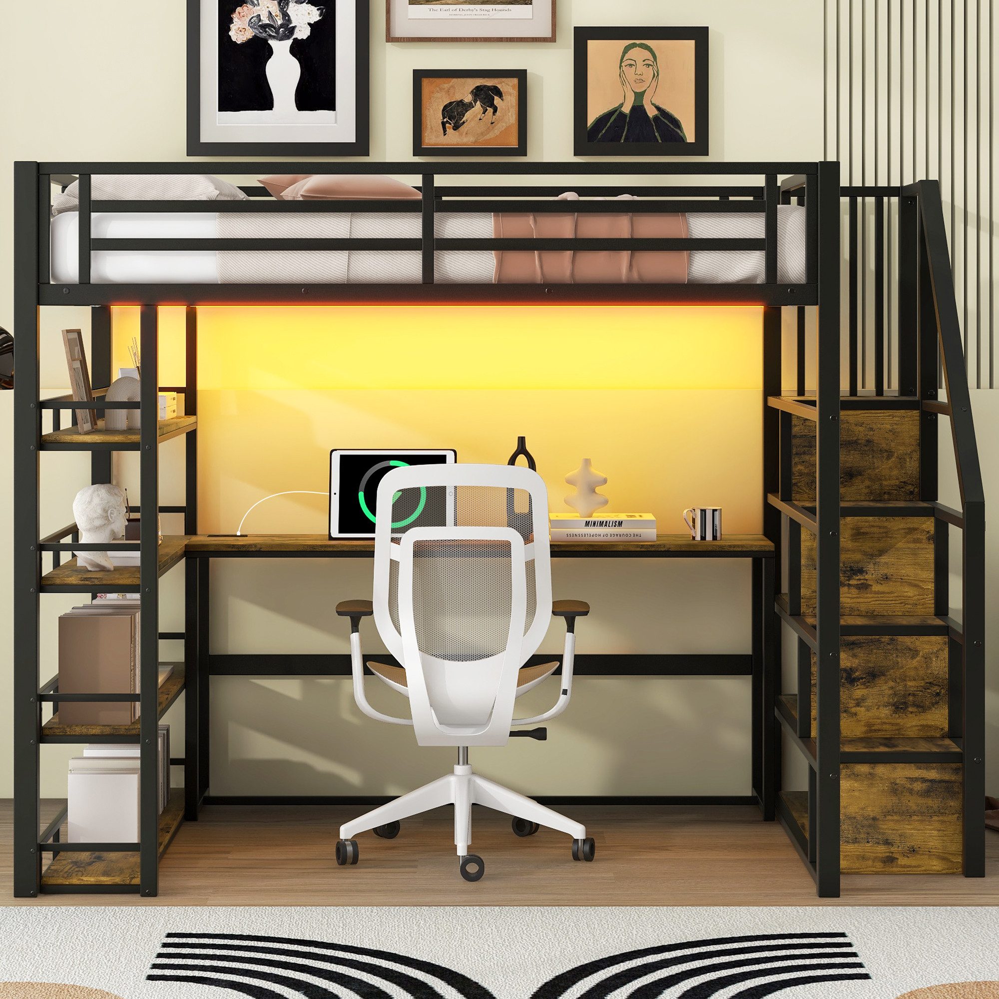 Flieks Hochbett LED Metallbett 140x200cm mit Stauraumtreppe, Schreibtisch u günstig online kaufen