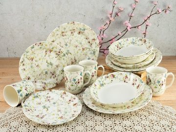 CreaTable Kombiservice Geschirr-Set Rose Garden (16-tlg), 4 Personen, Steingut, Service, Rosenmotiv, Vintage-Stil, 16 Teile, für 4 Personen