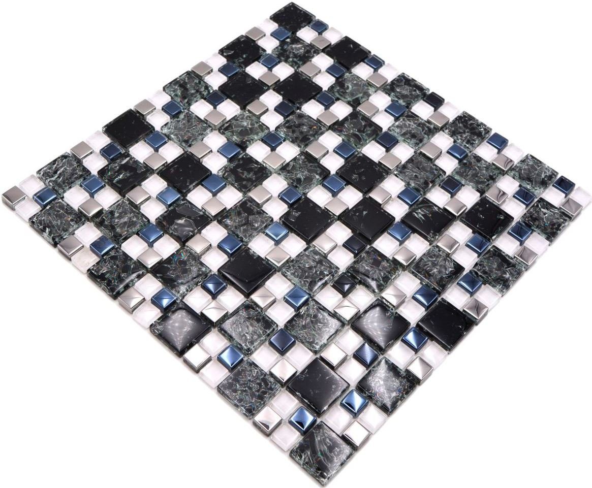 Matten 10 Mosaikfliesen Glasmosaik glänzend silber schwarz Mosani / Crystal Mosaikfliesen