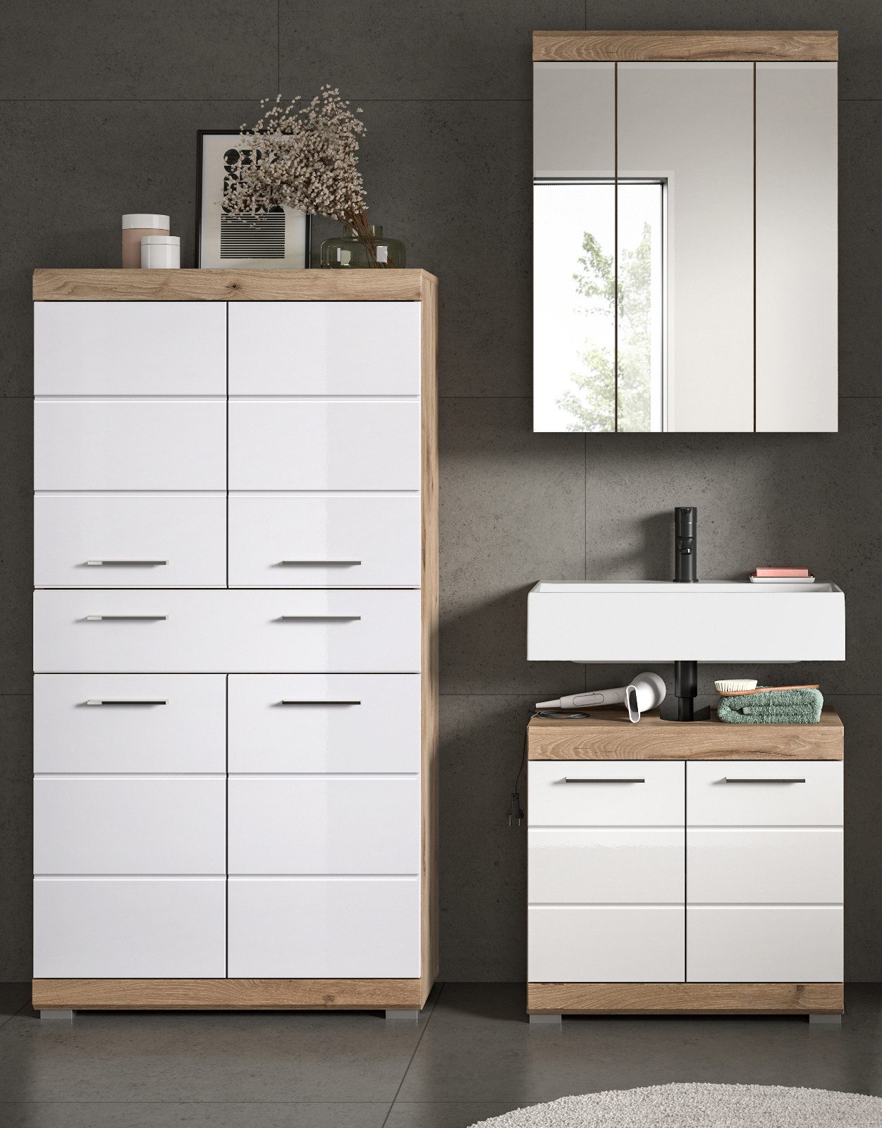 Inn.Furn Badmöbel-Set Willow, (Badezimmer in weiß Hochglanz und Eiche, 3-St günstig online kaufen