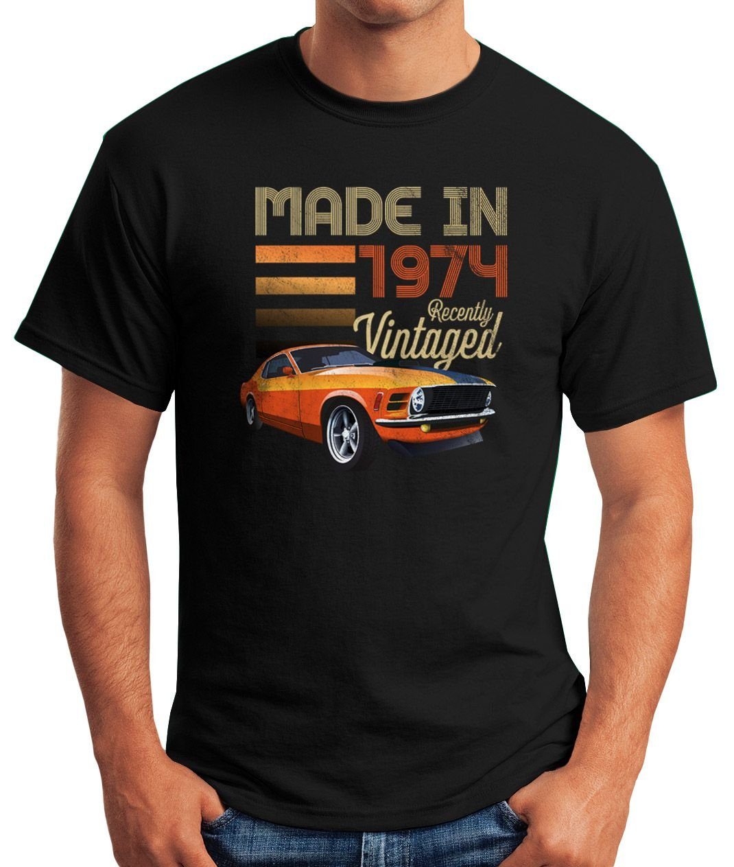 mit 70er Moonworks® Print-Shirt 1974 Herren Geburtstag Vintage siebziger MoonWorks T-Shirt Fun-Shirt schwarz Auto Retro Print Oldtimer